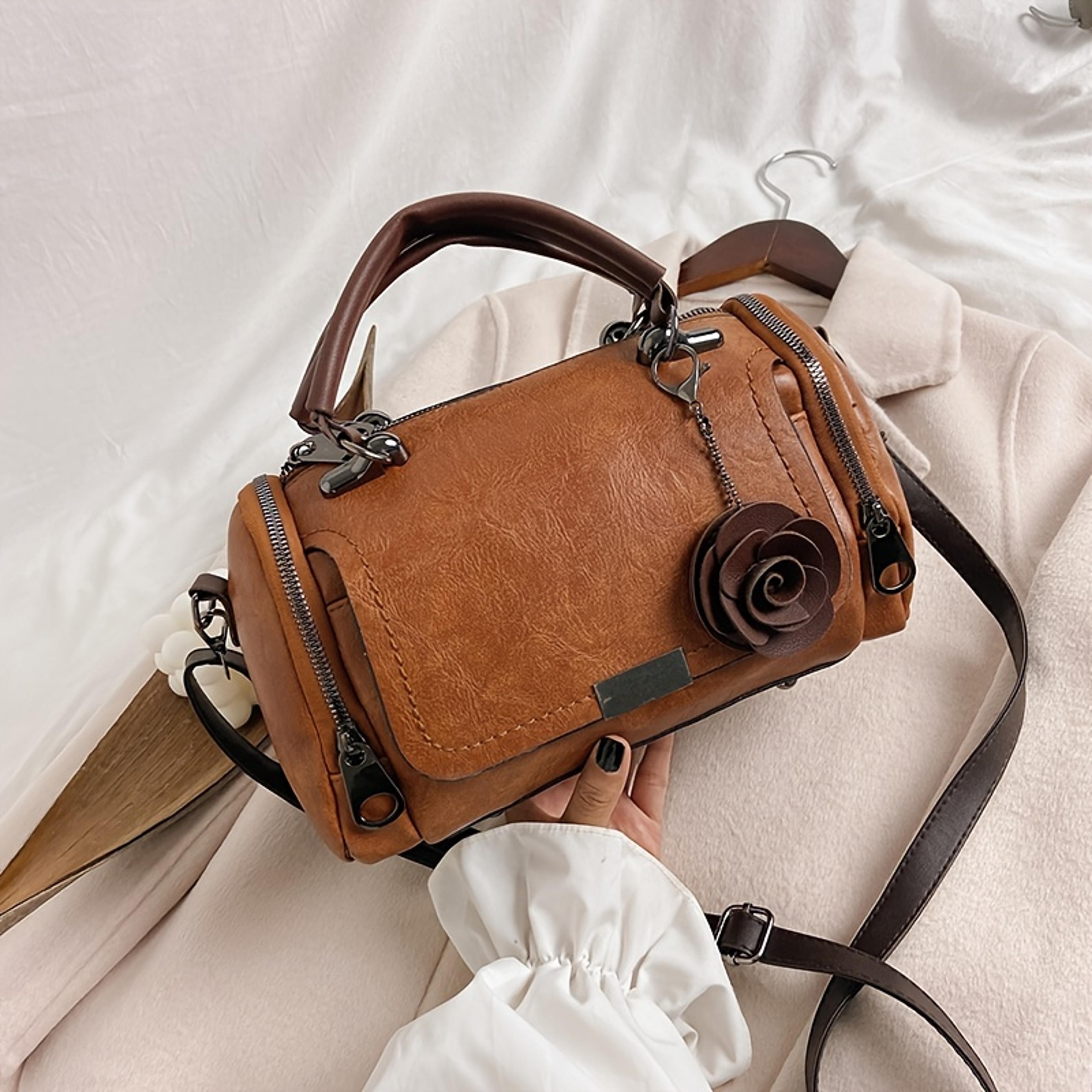 vintage boston handbag large capacity pu leather satchel with flower pendant
