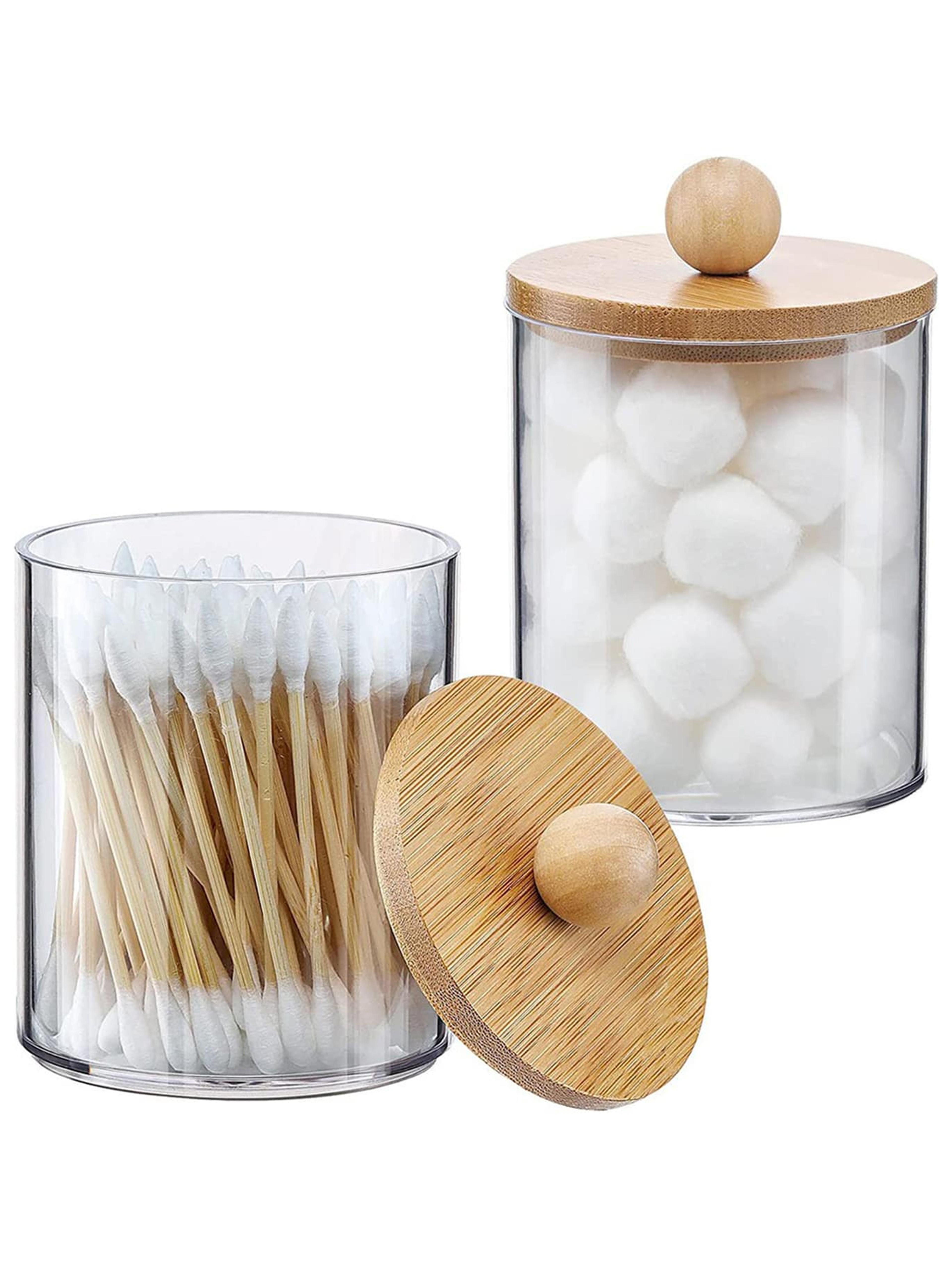 circular cotton swab storage box with transparent plastic body and bamboo cover