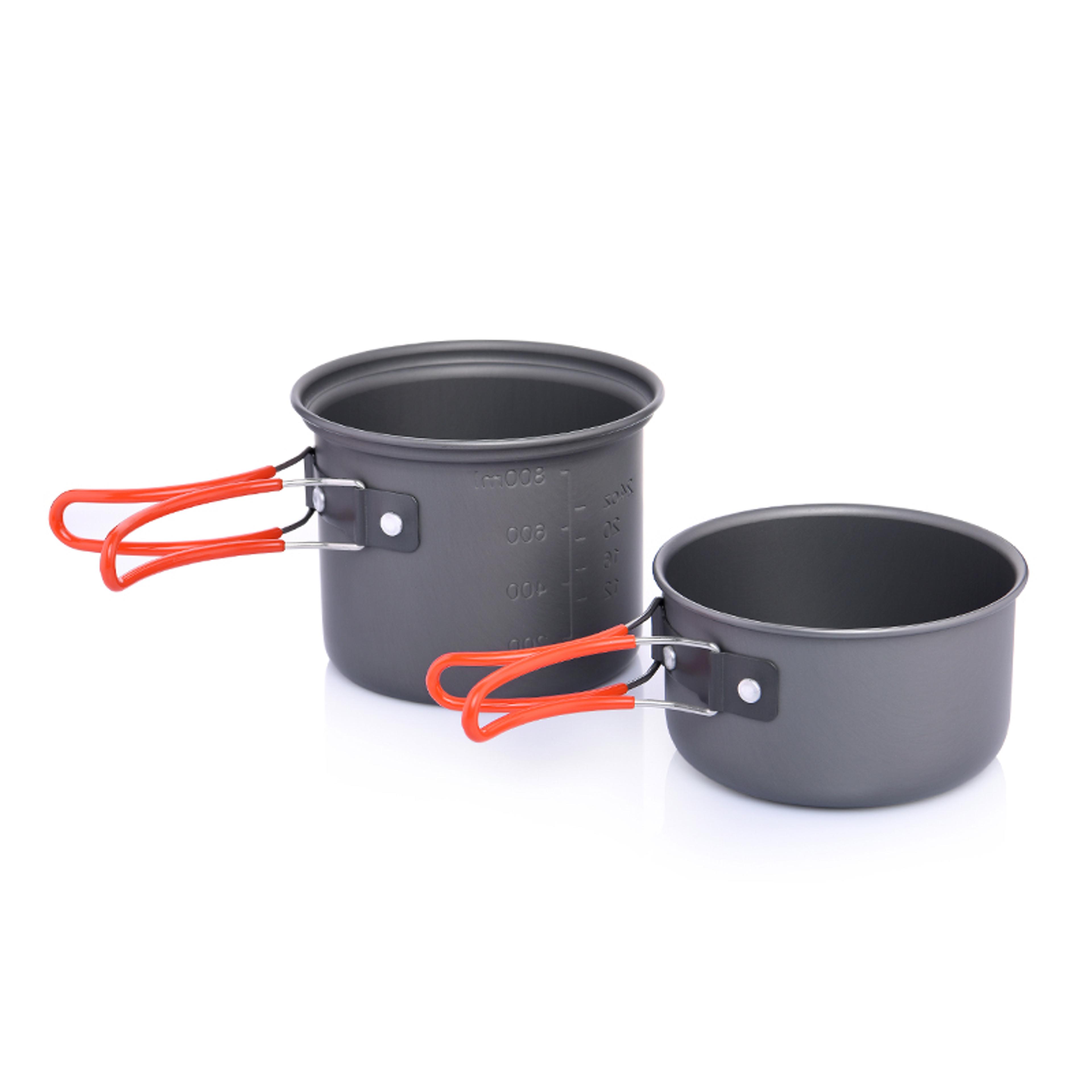 ultralight camping cookware set for people with aluminum double pots and foldable handles