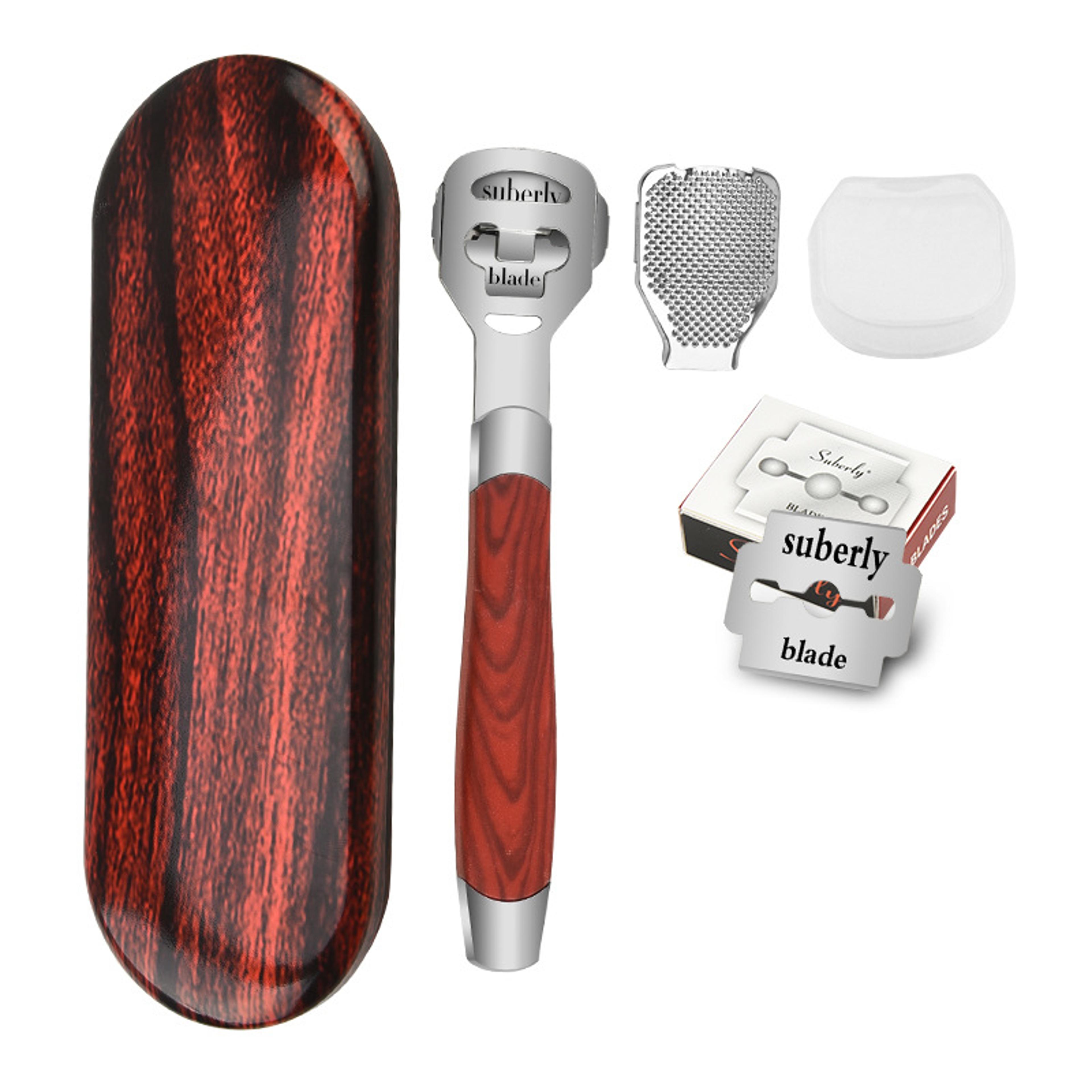 stainless steel pedicure callus shaver set with wood handle and ten replacement blades