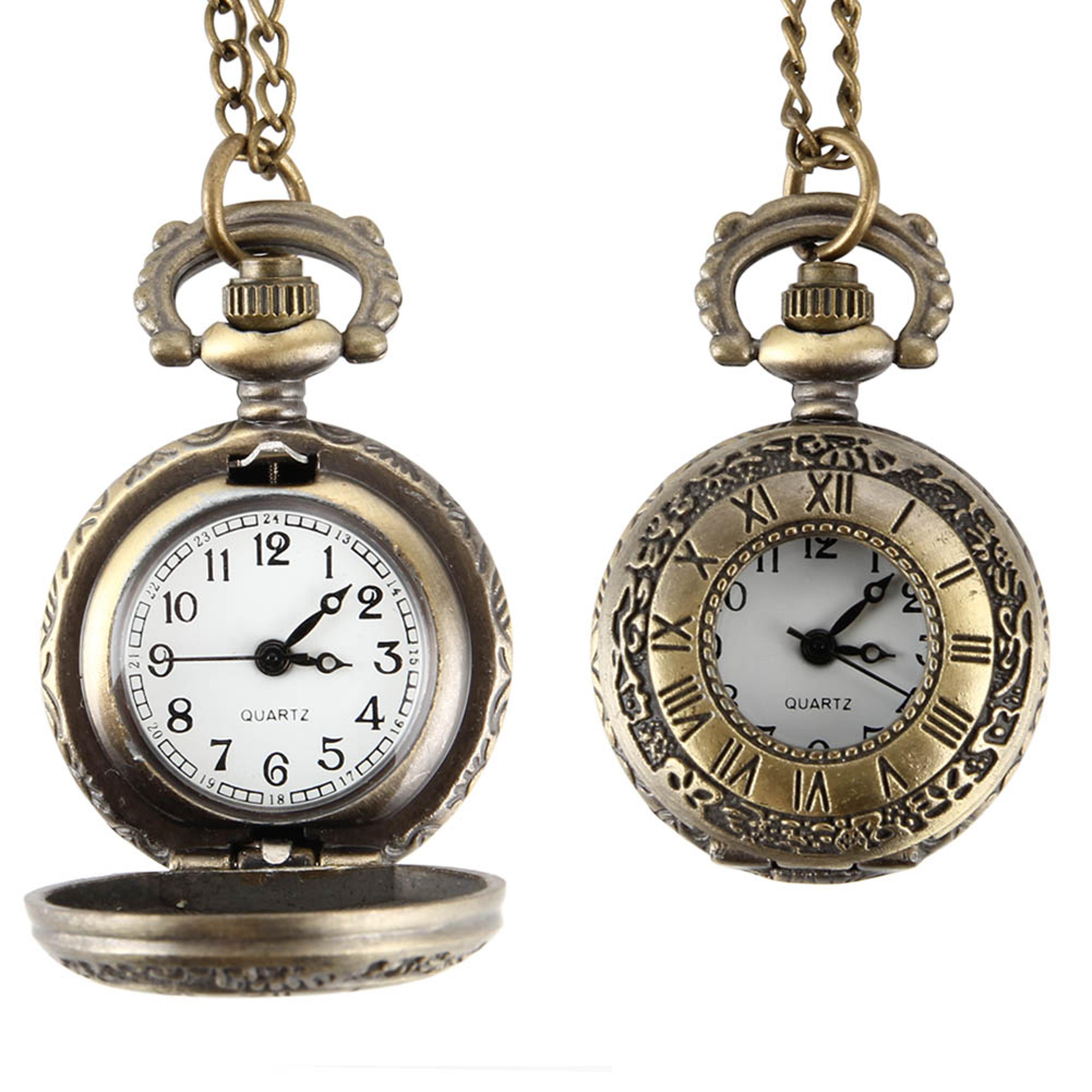 vintage dual time roman numeral quartz pocket watch with necklace chain