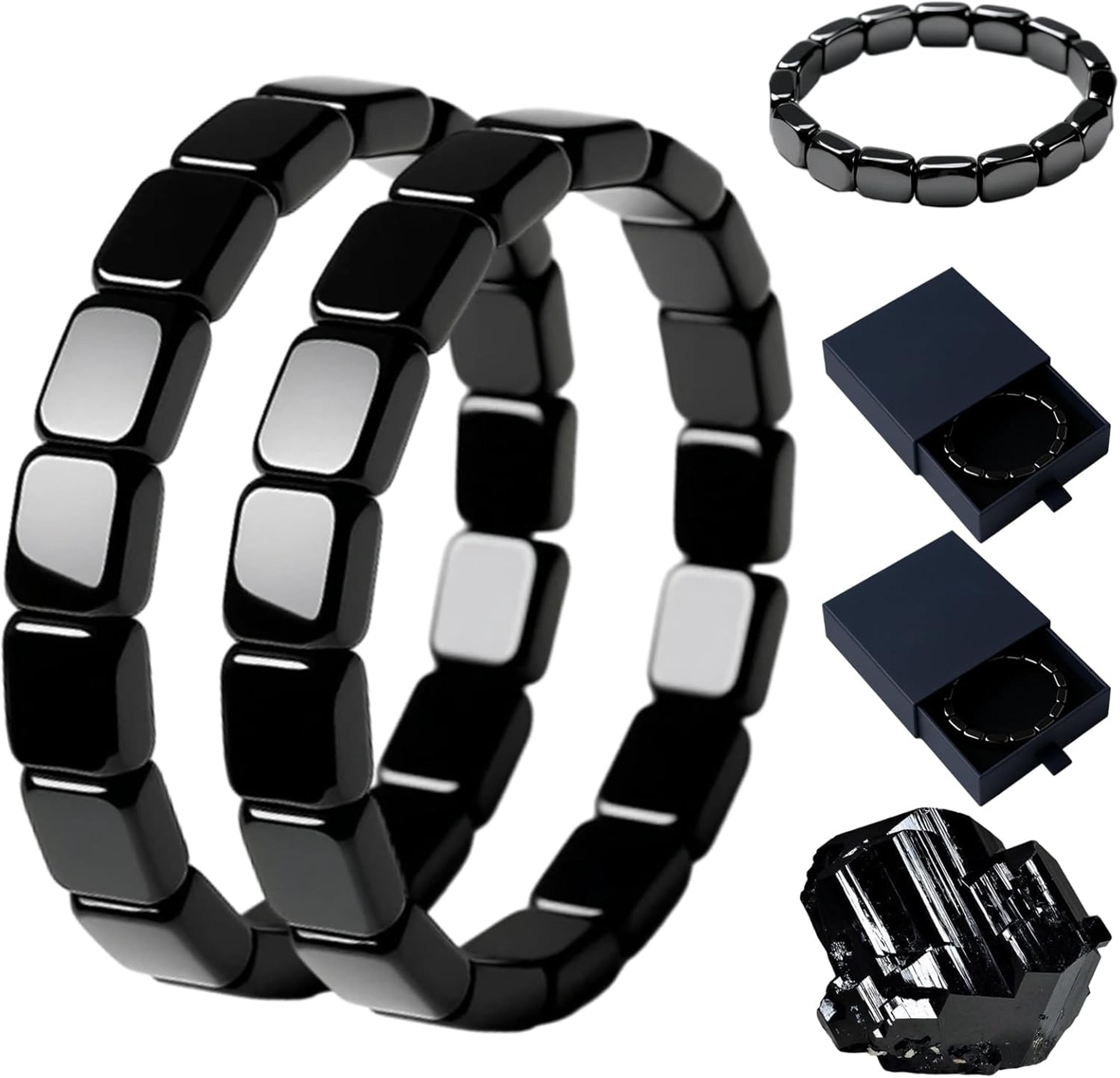 hematite beaded bracelet with geometric semi precious stone design