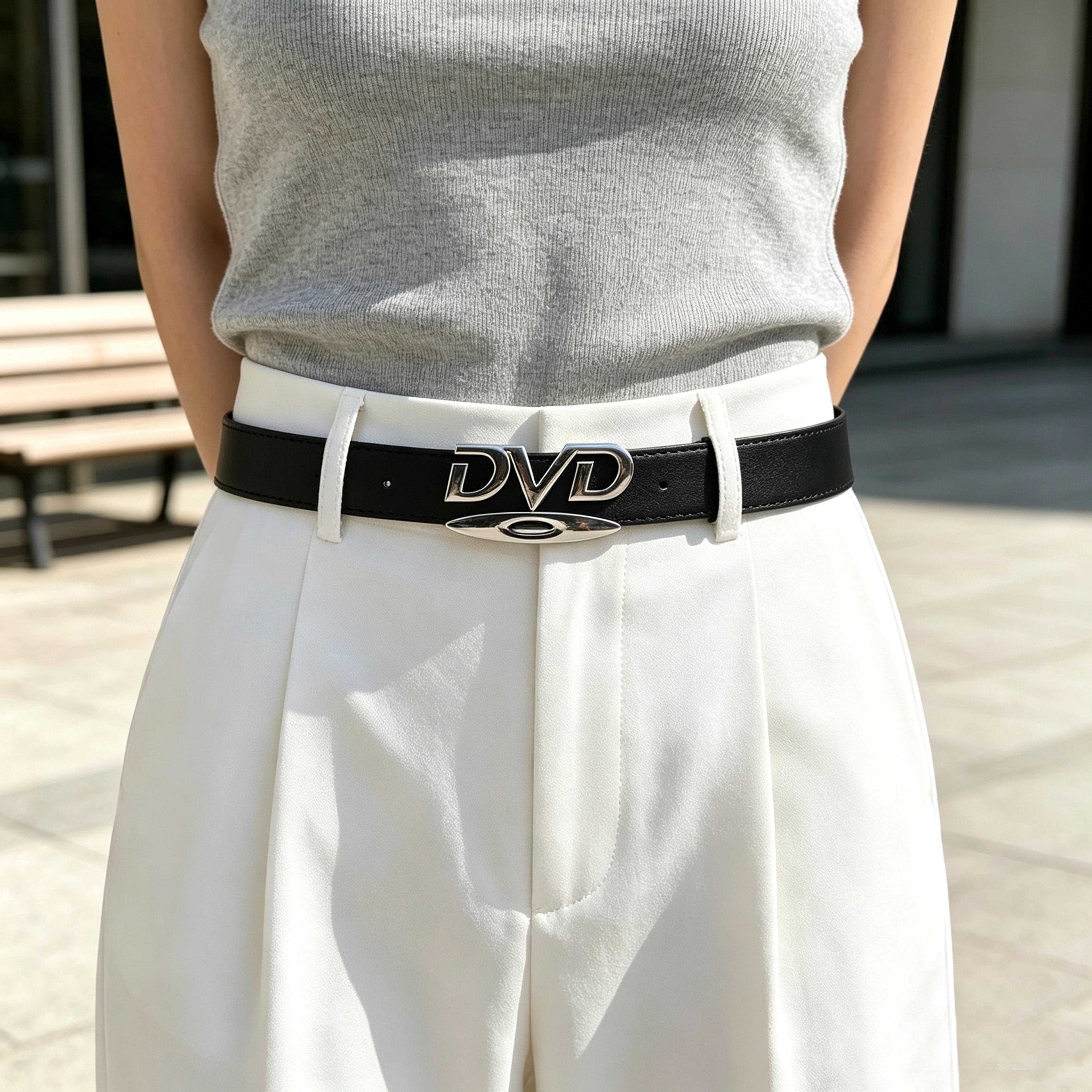 metal belt with dvd buckle and letter pattern