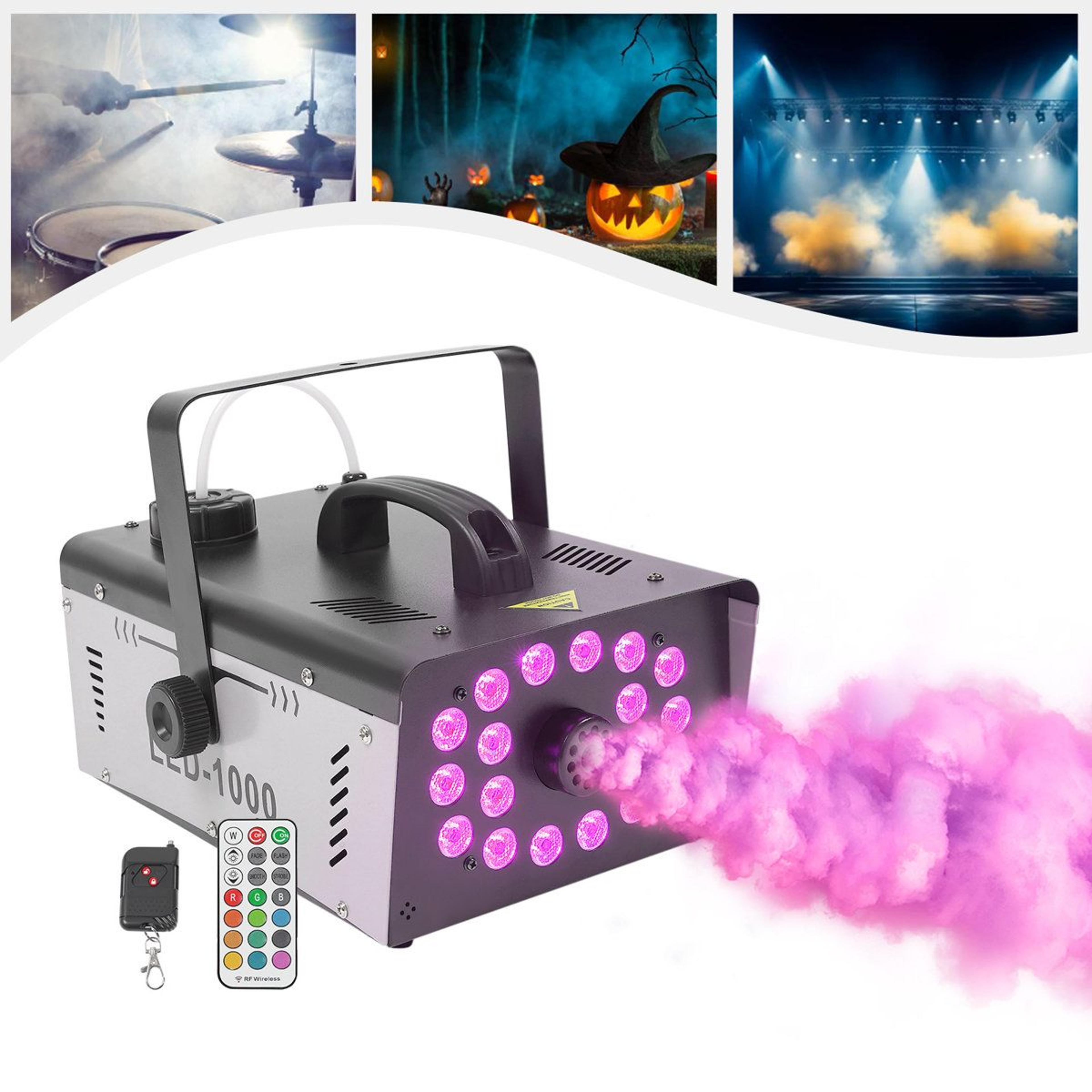 1000w led fog machine with 18 rgb lights and dual remote controls
