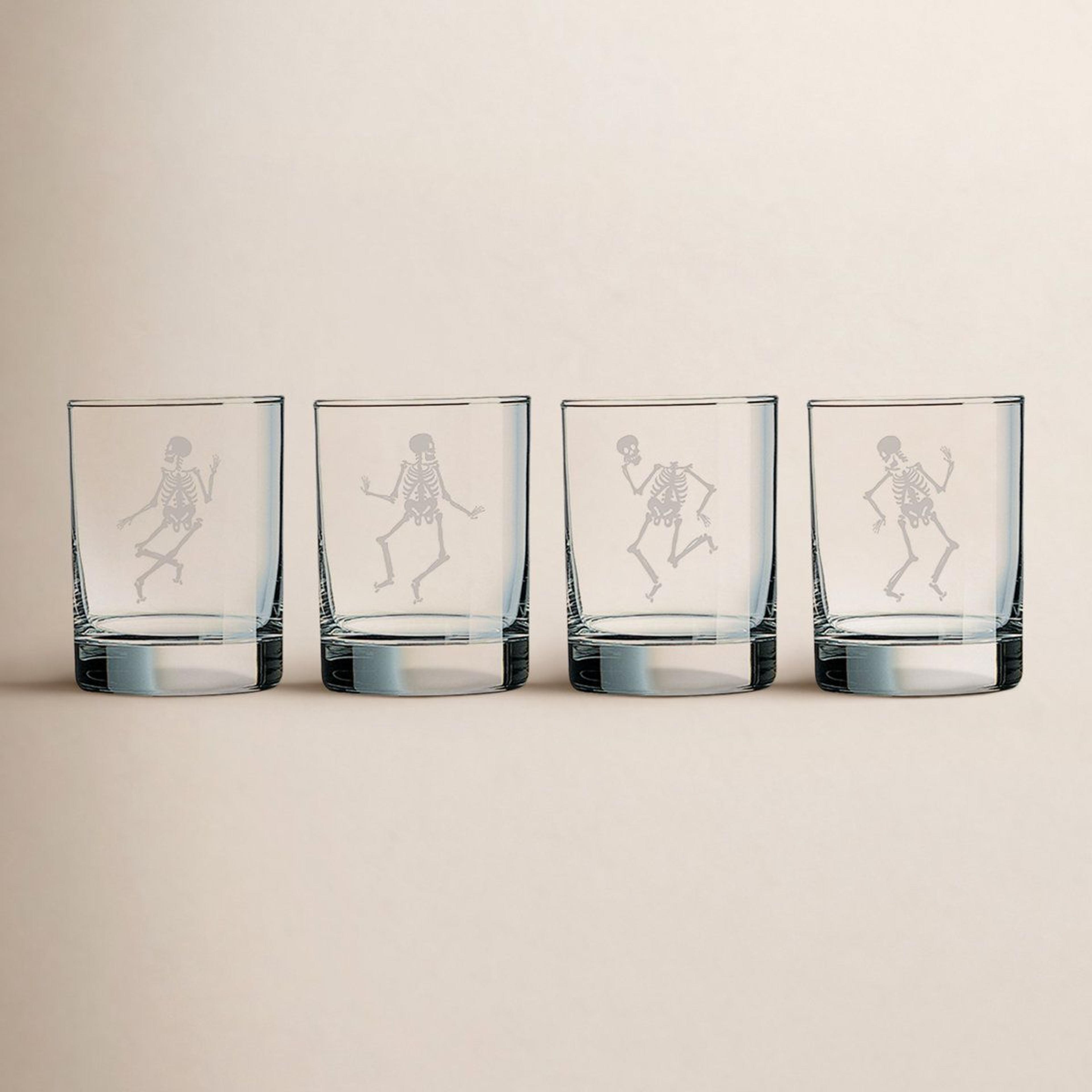 skeleton etched whiskey glasses 14 oz set of 4 for halloween