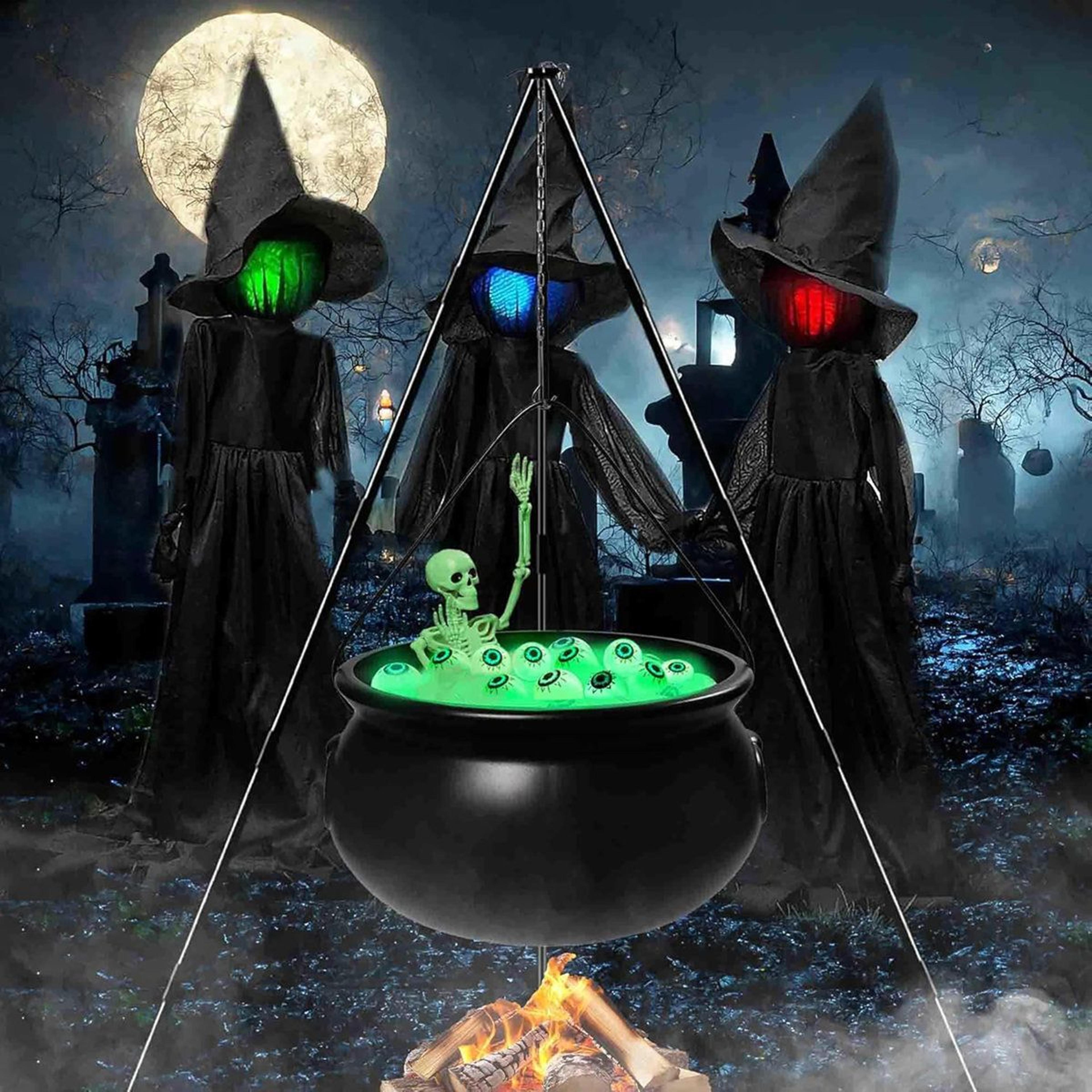 halloween witch cauldron decoration with tripod green eyeball lights and skeleton
