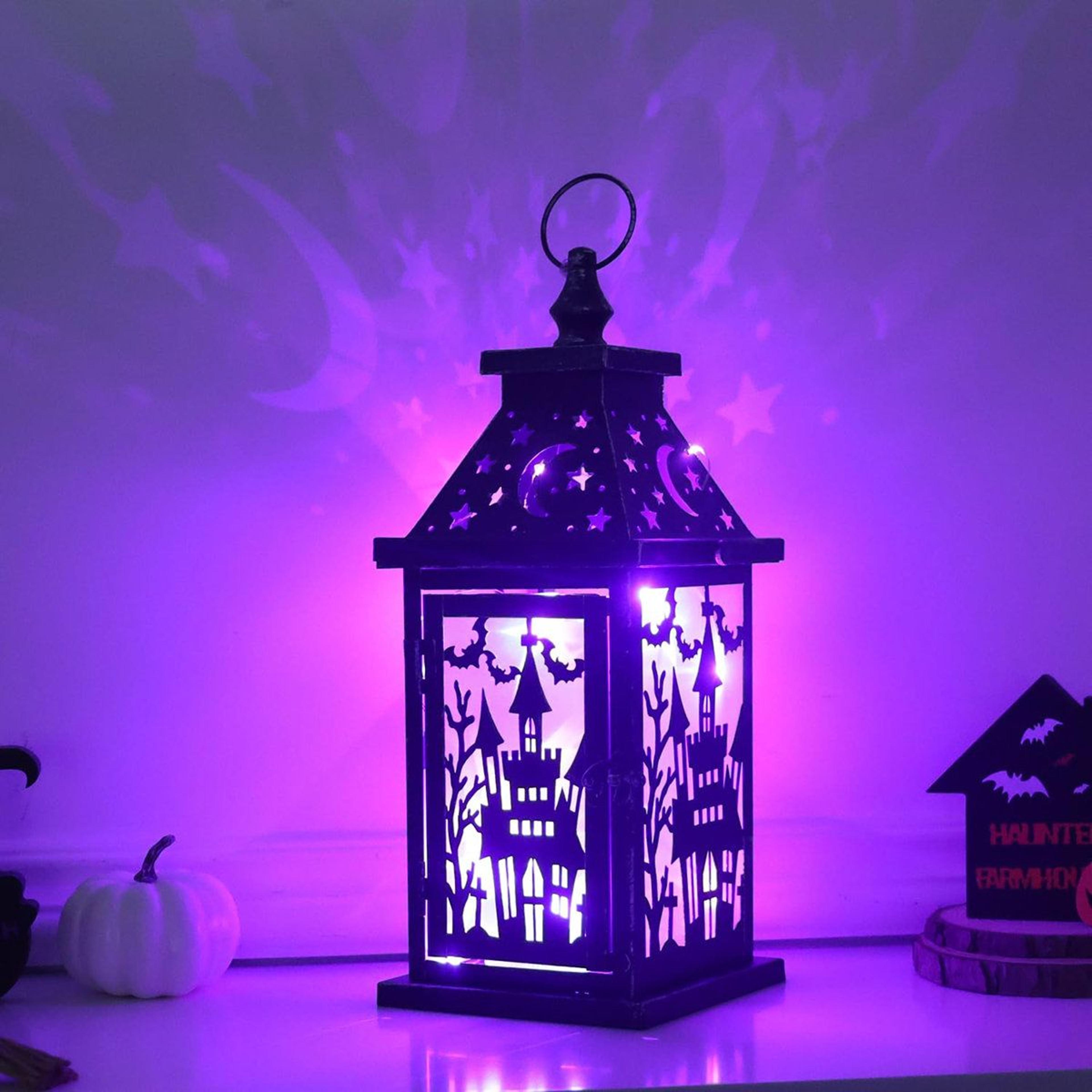 halloween decorative lantern with purple led lights and vintage metal design