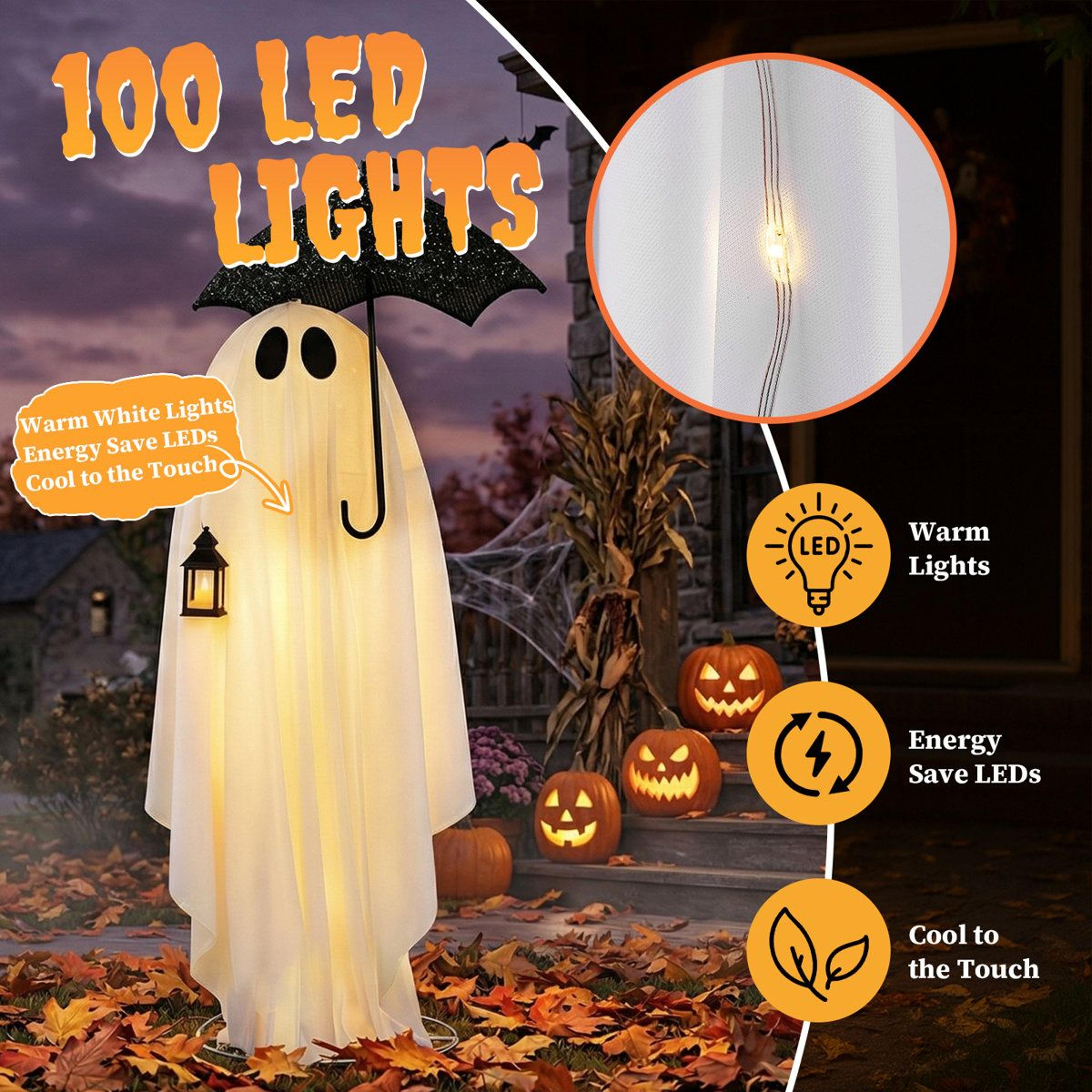 5 ft lighted halloween ghost decoration with black umbrella and 100 warm white leds