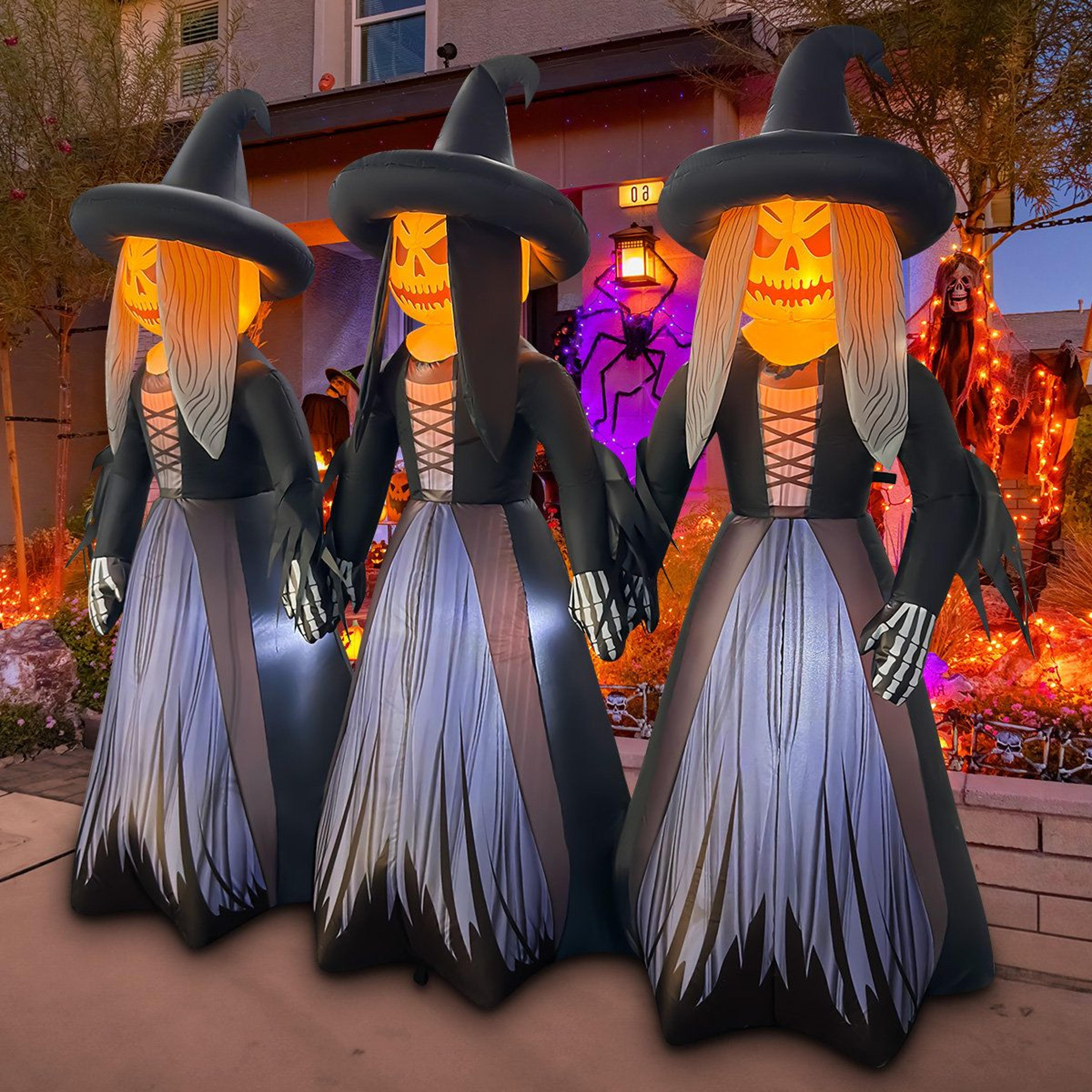 halloween inflatable three witches holding hands with led lights for outdoor yard decor