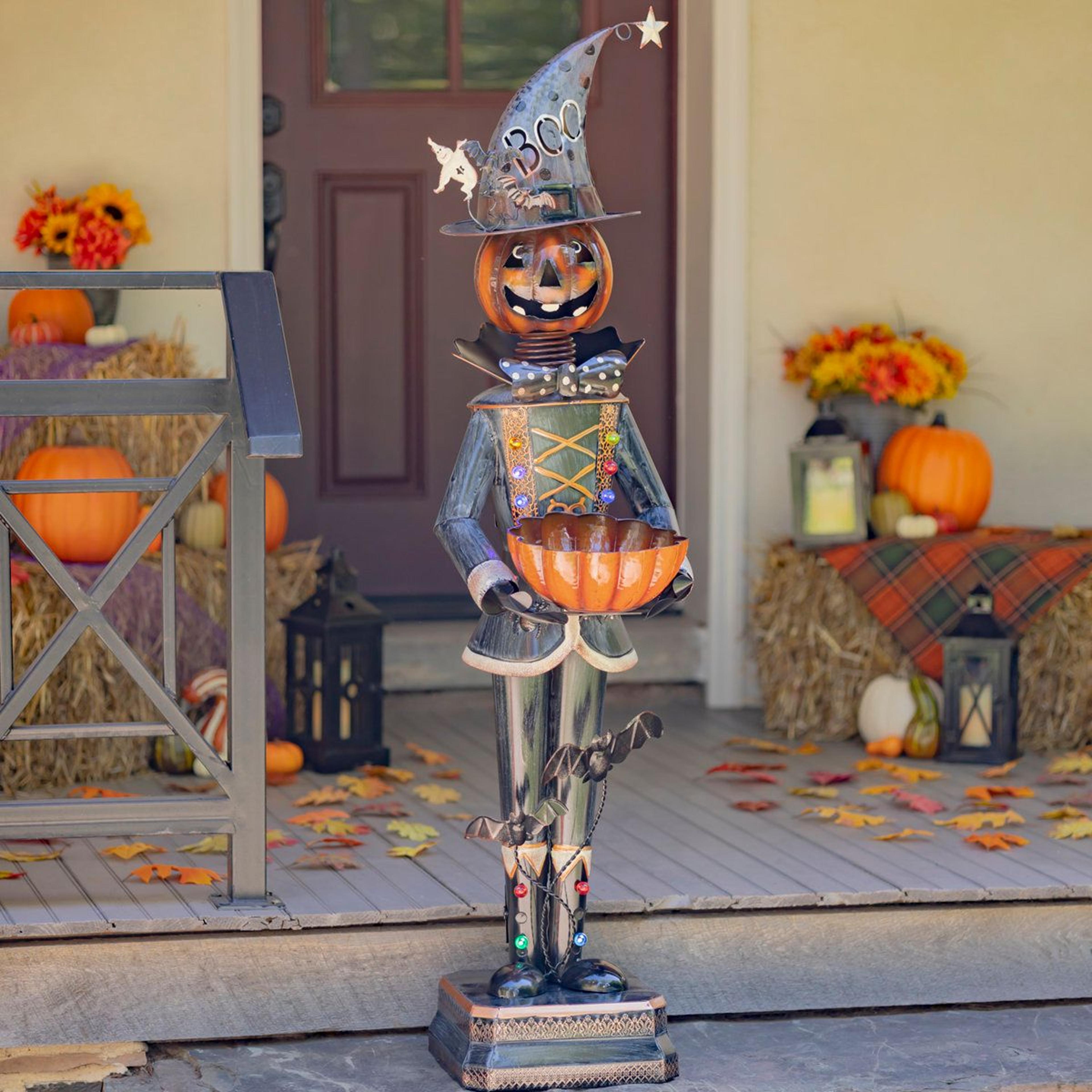 light up halloween pumpkin soldier outdoor decoration with led lights and candy bowl