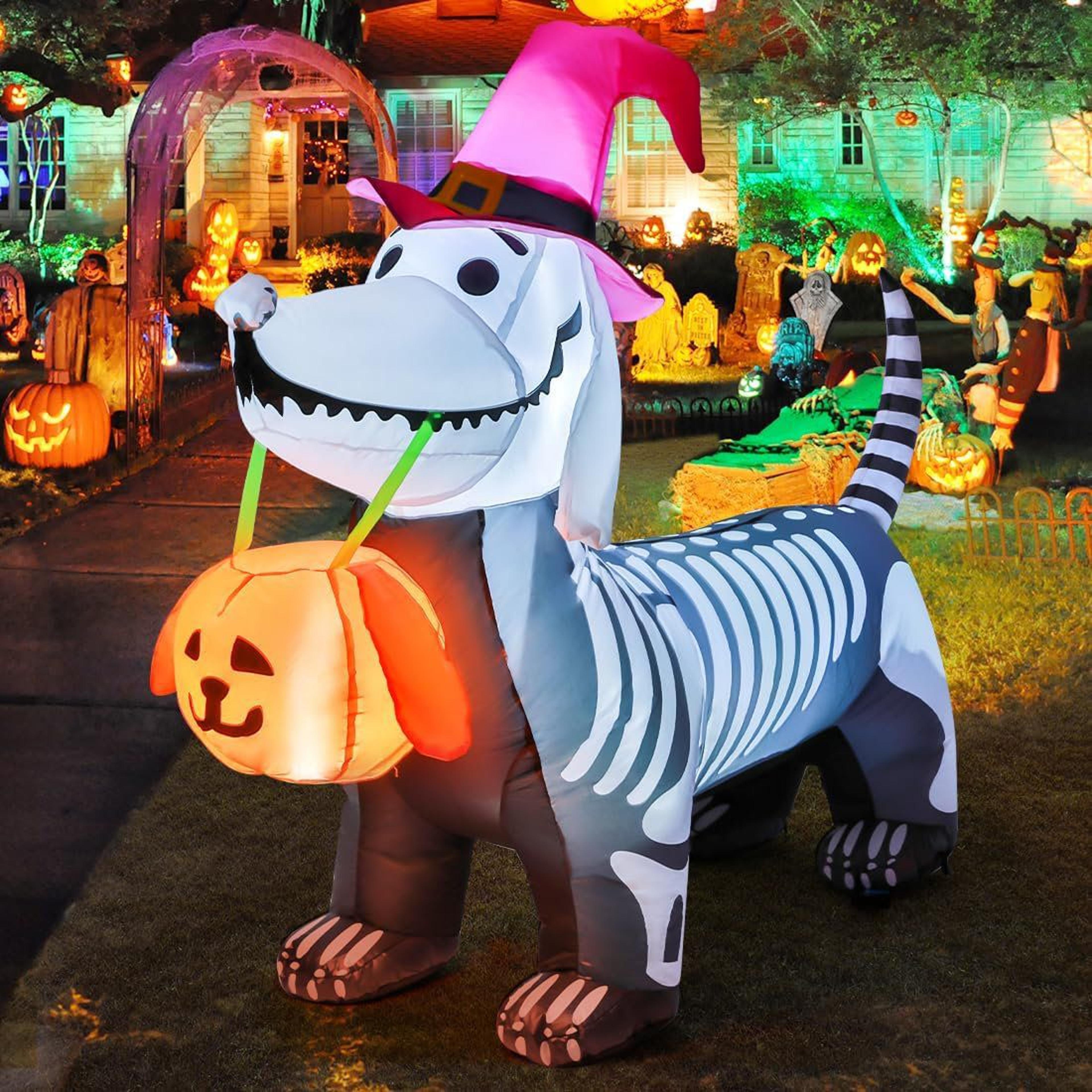 halloween inflatable skeleton dog with built in led lights for outdoor yard decor