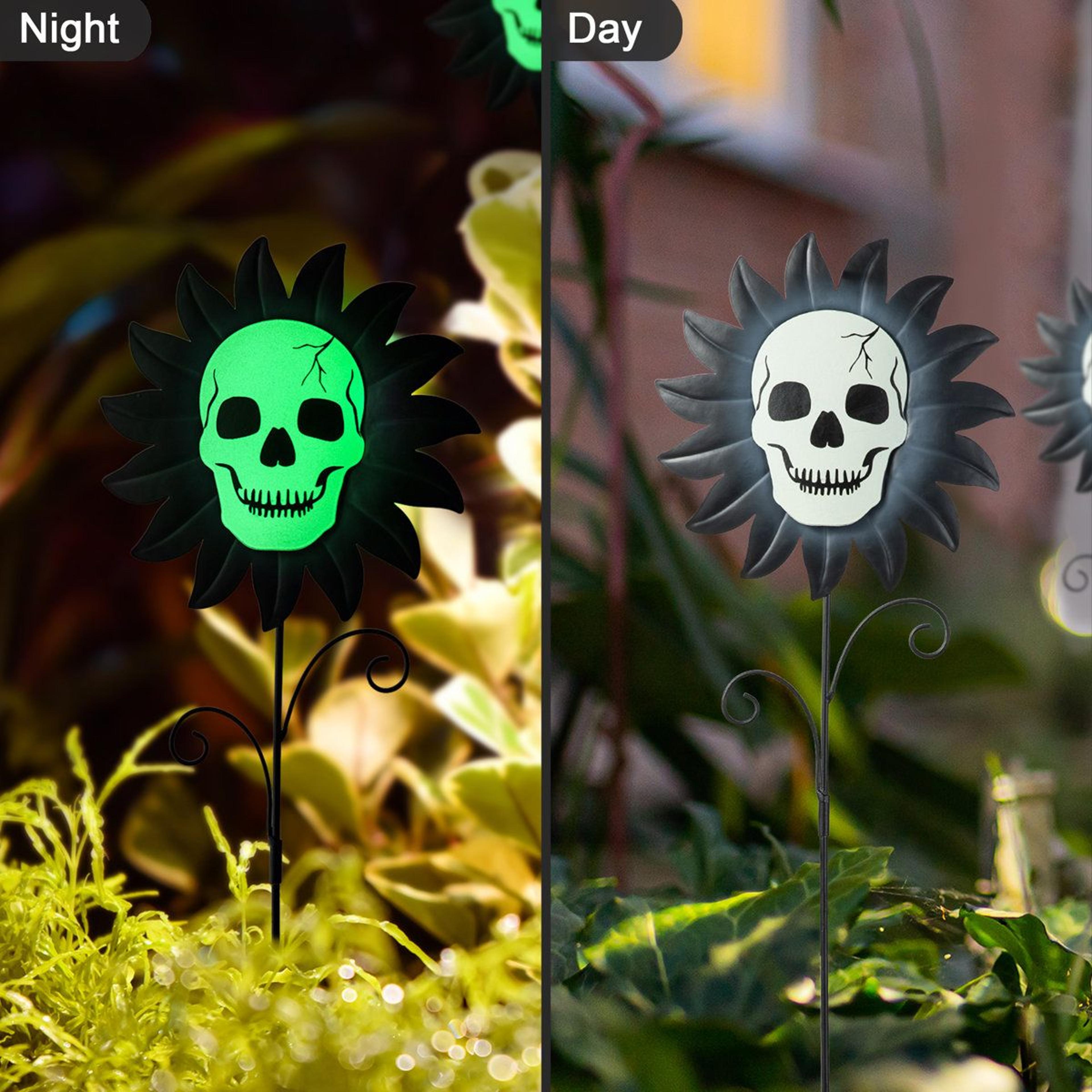 glow in the dark skull sunflower halloween yard stakes set of 3 metal decorations