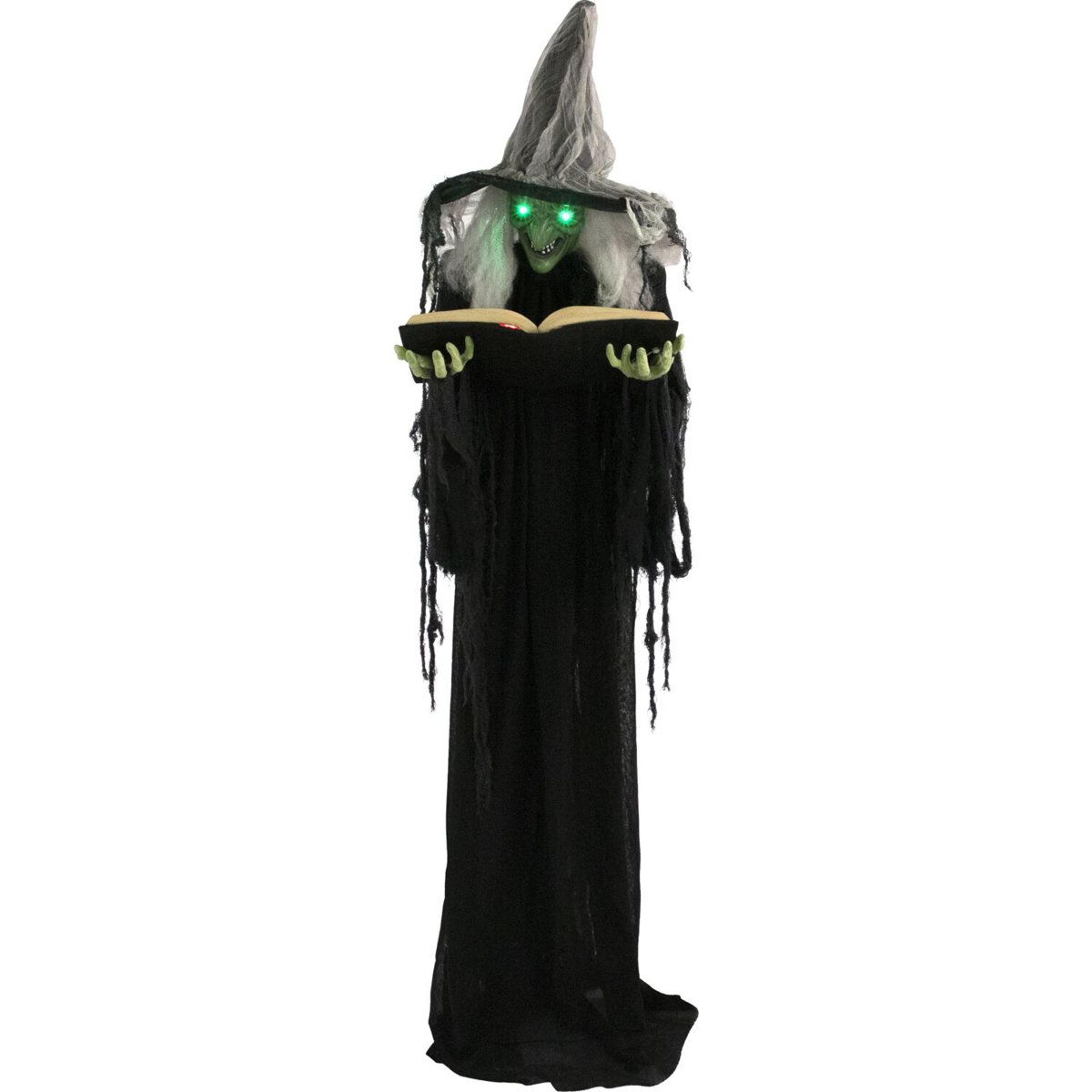 life size halloween animatronic witch with light up spell book and sound effects