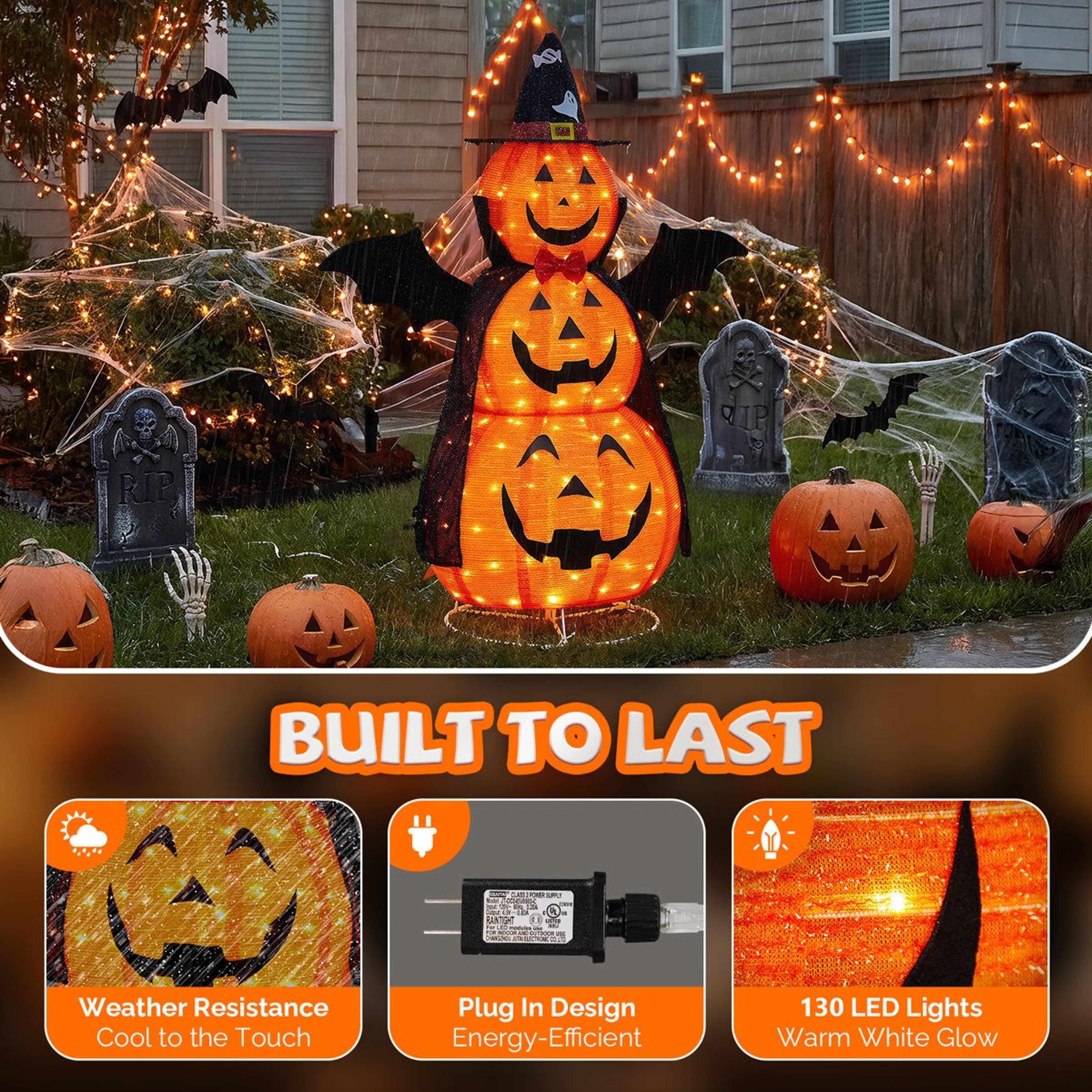 lighted stacked pumpkin halloween decoration with 130 led lights and witch hat