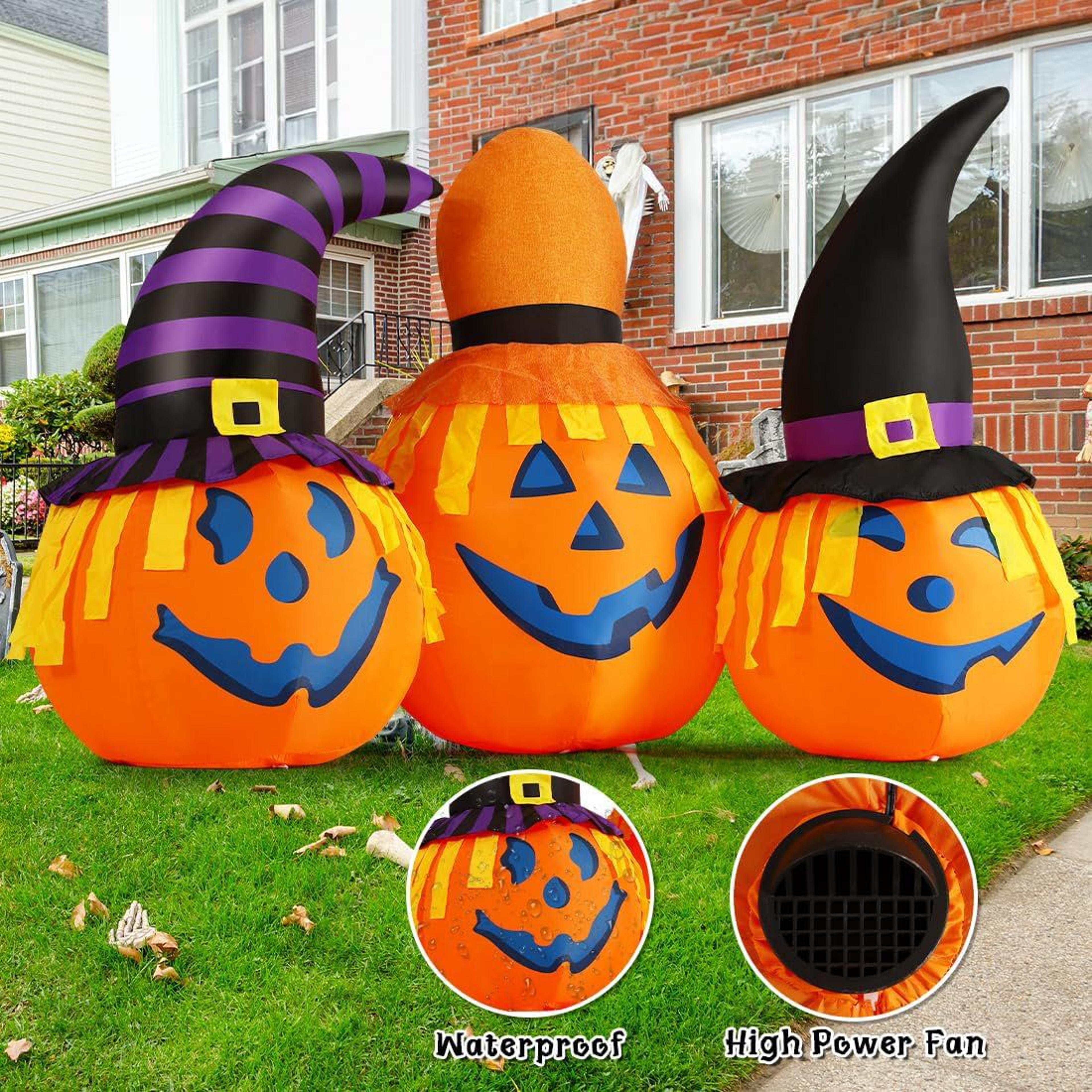 halloween inflatable three pumpkins with witch hats and built in led lights
