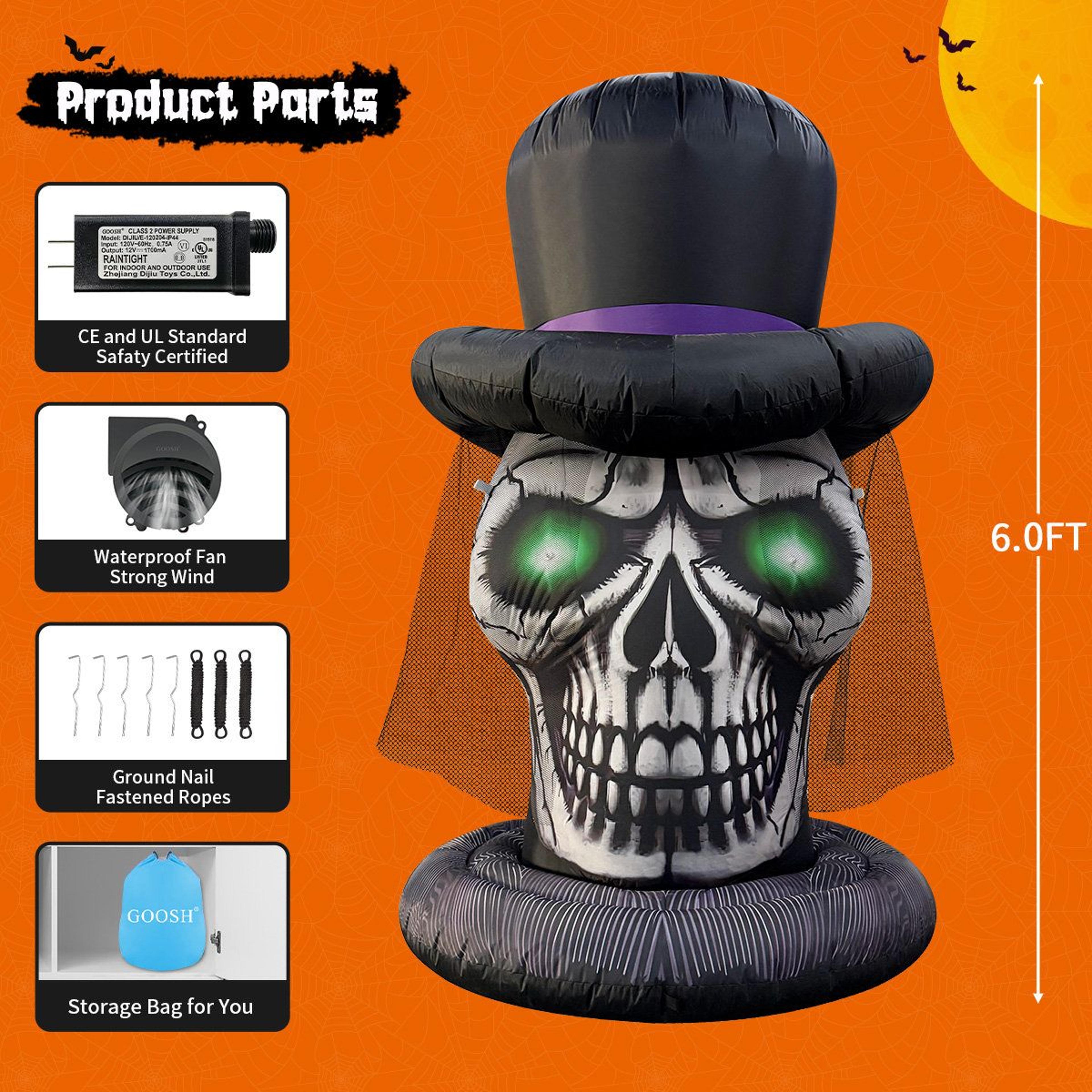 6 ft halloween inflatable skull with lace veil hat and led lights