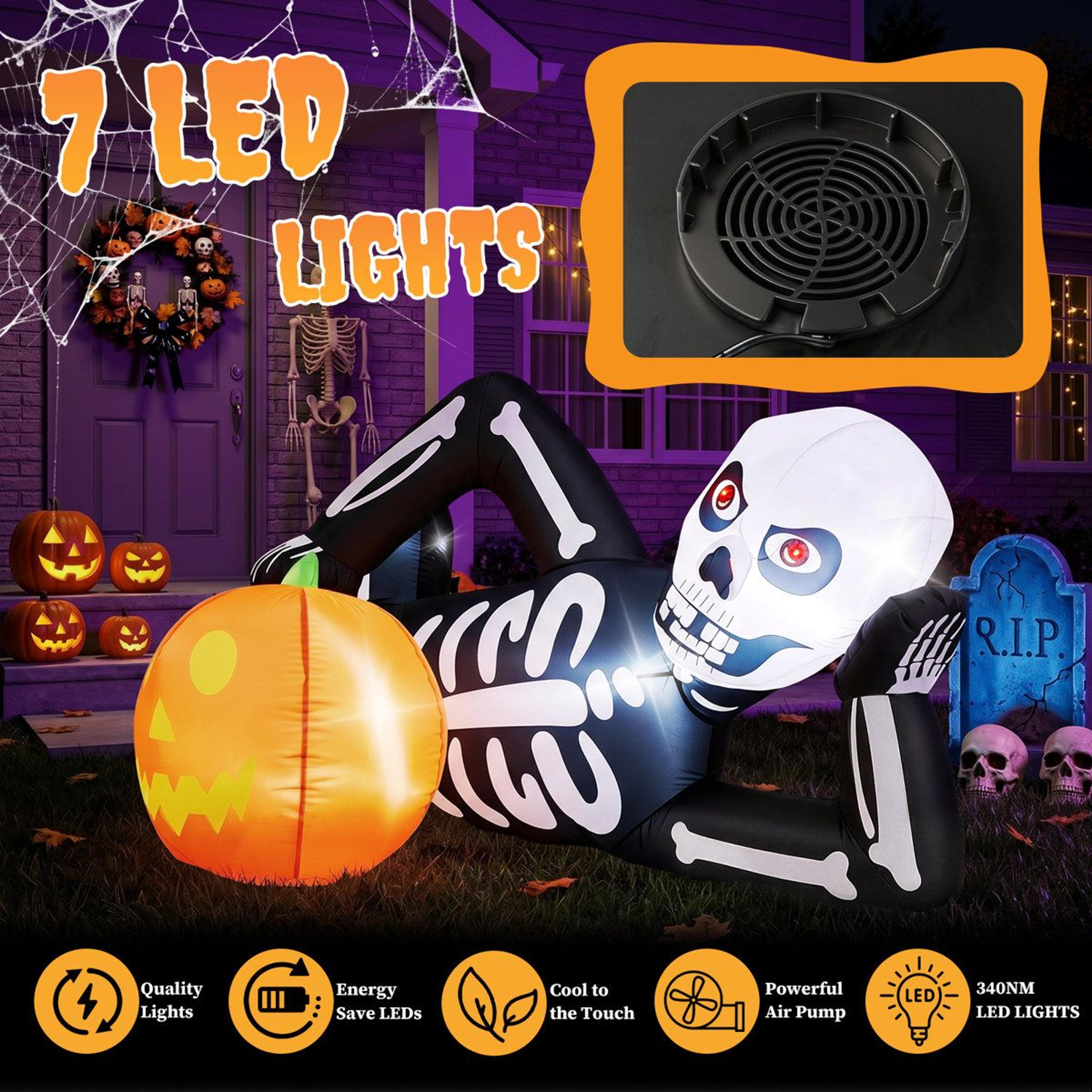 6.8 ft halloween inflatable reclining skeleton with pumpkin and 7 led lights