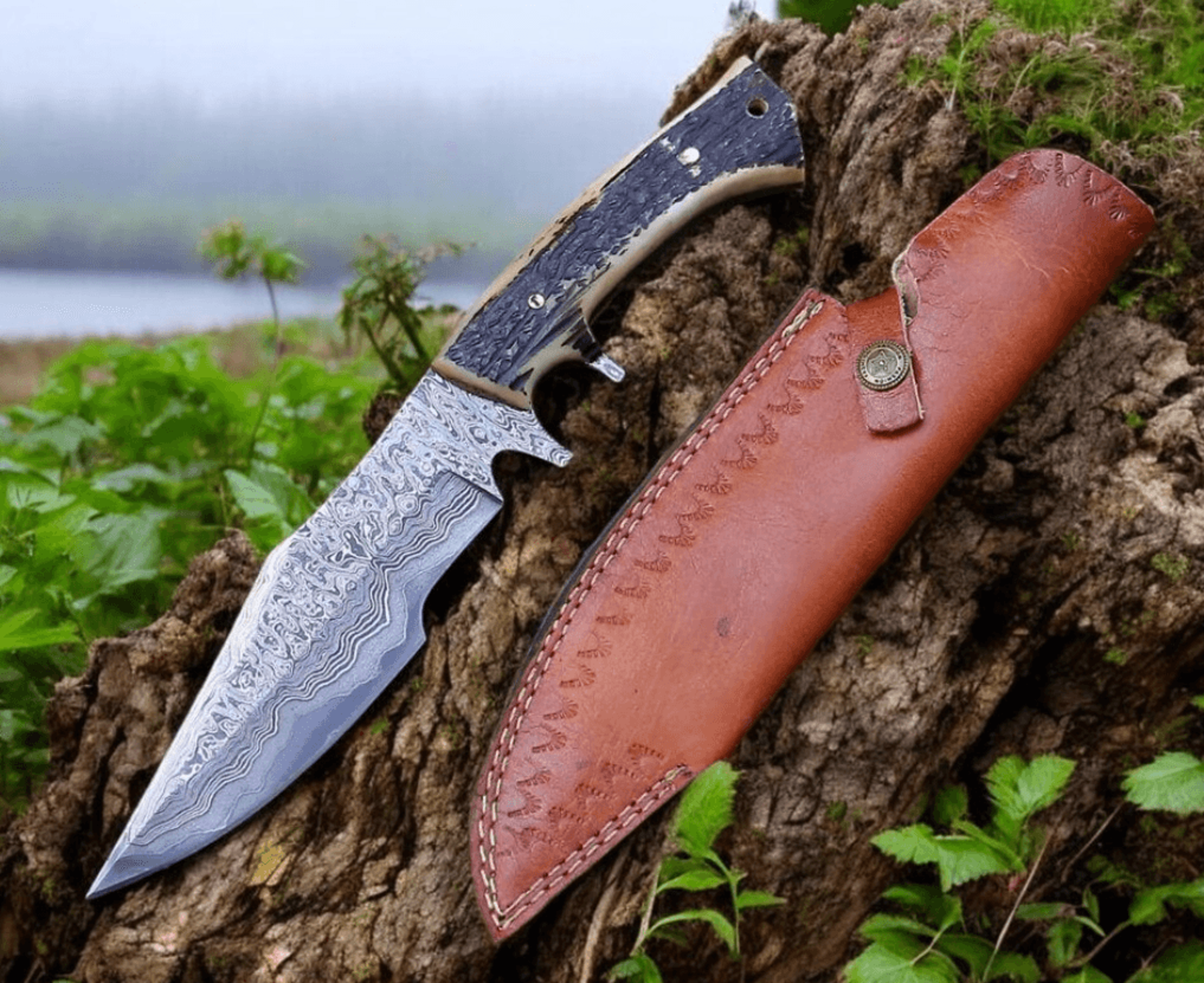 damascus steel hunting knife | stag horn handle | 7.5" outdoor blade + leather sheath | hunting knife gift | father day