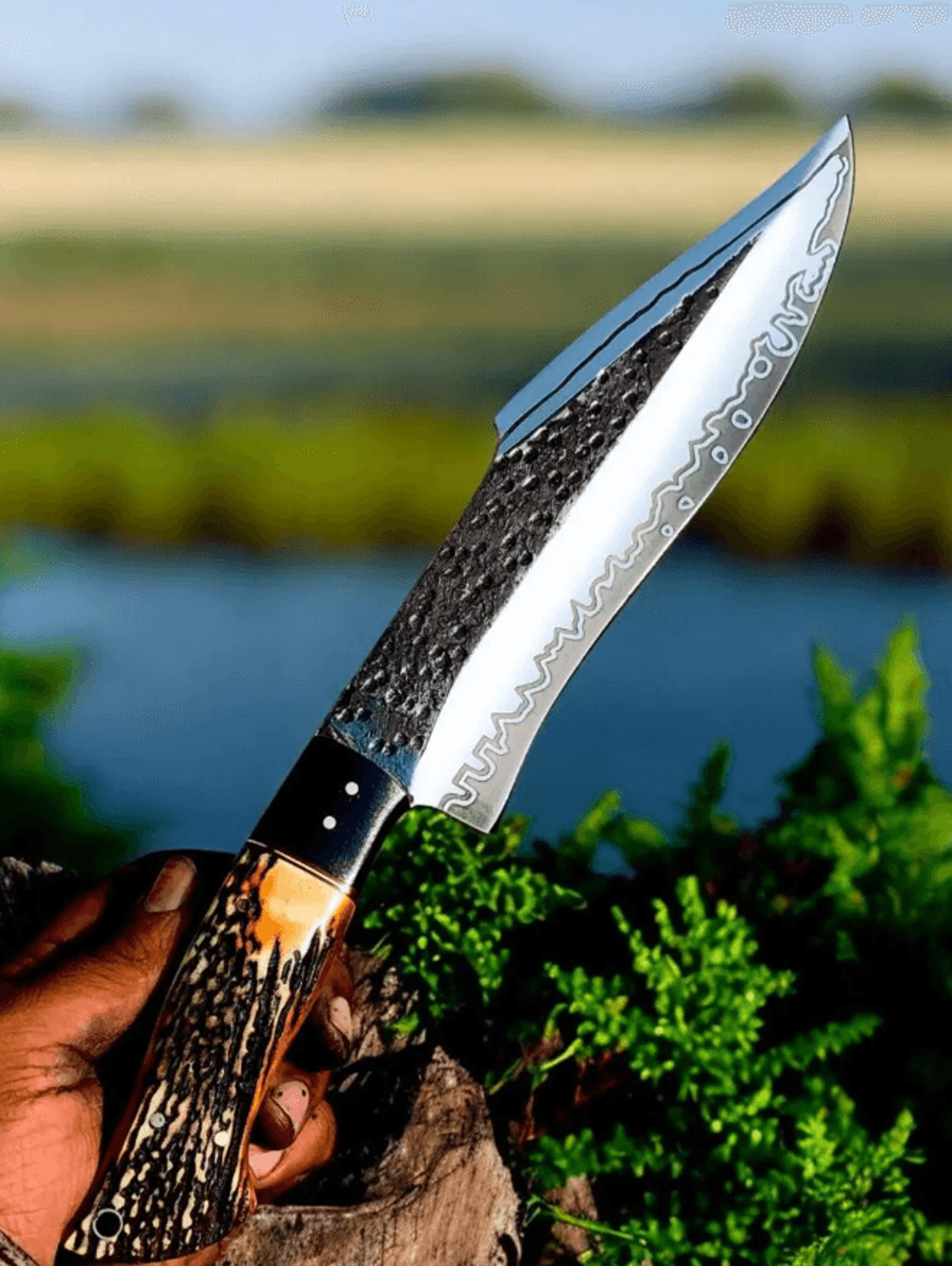hand-forged stag handle bowie knife | 13" high carbon steel outdoor blade + leather sheath | bushcraft & hunting knife