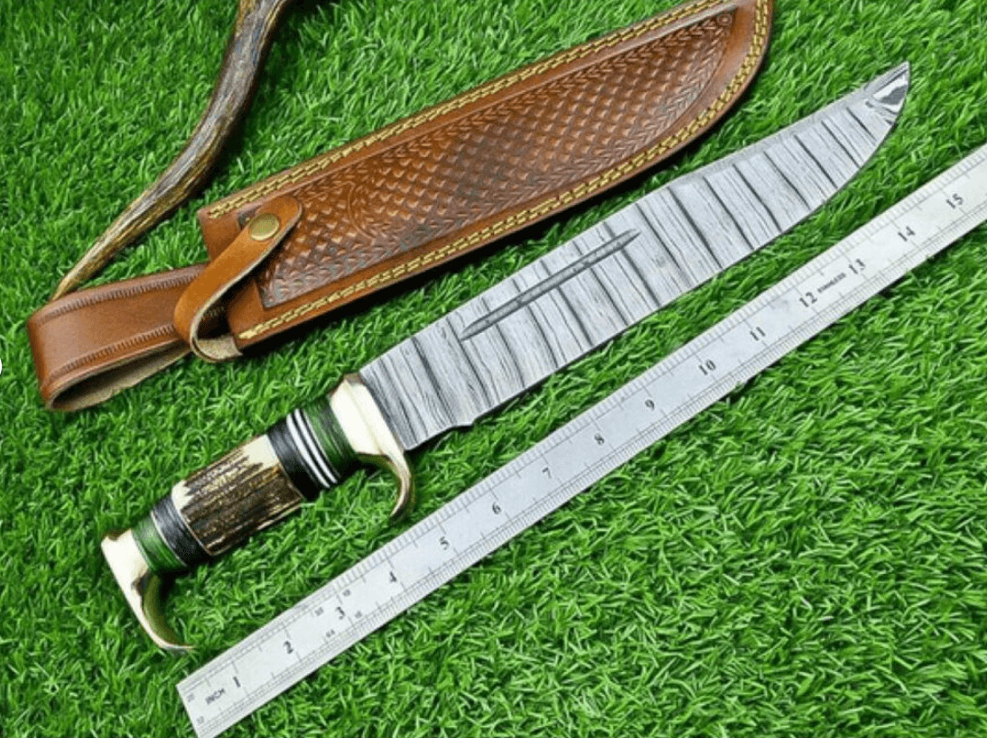 hand-forged damascus steel survival blade | stag antler handle | full tang outdoor knife gift with leather sheath