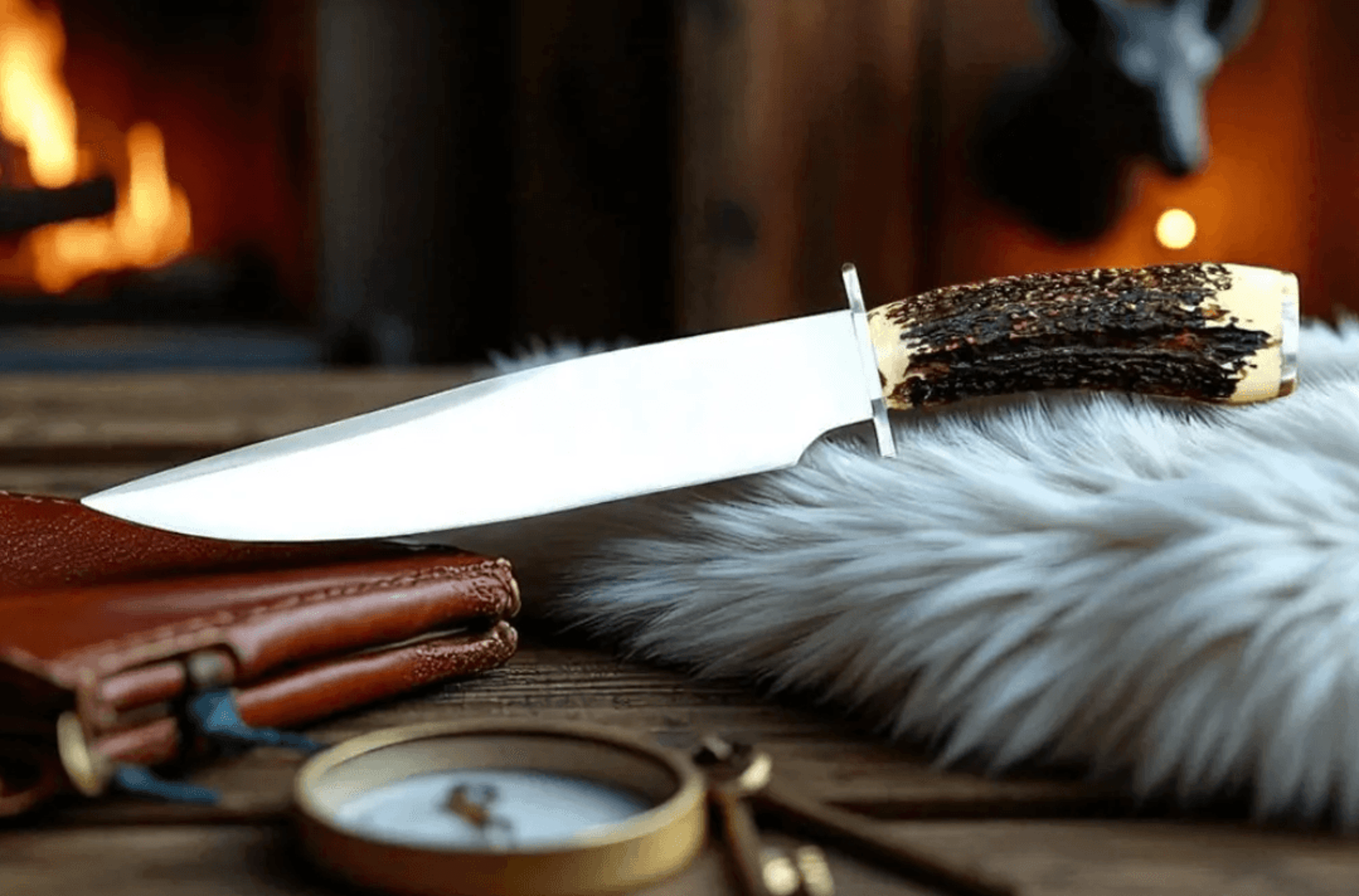 hand forged d2 steel bowie knife | stag horn handle & brass guard | hunting knife with leather sheath