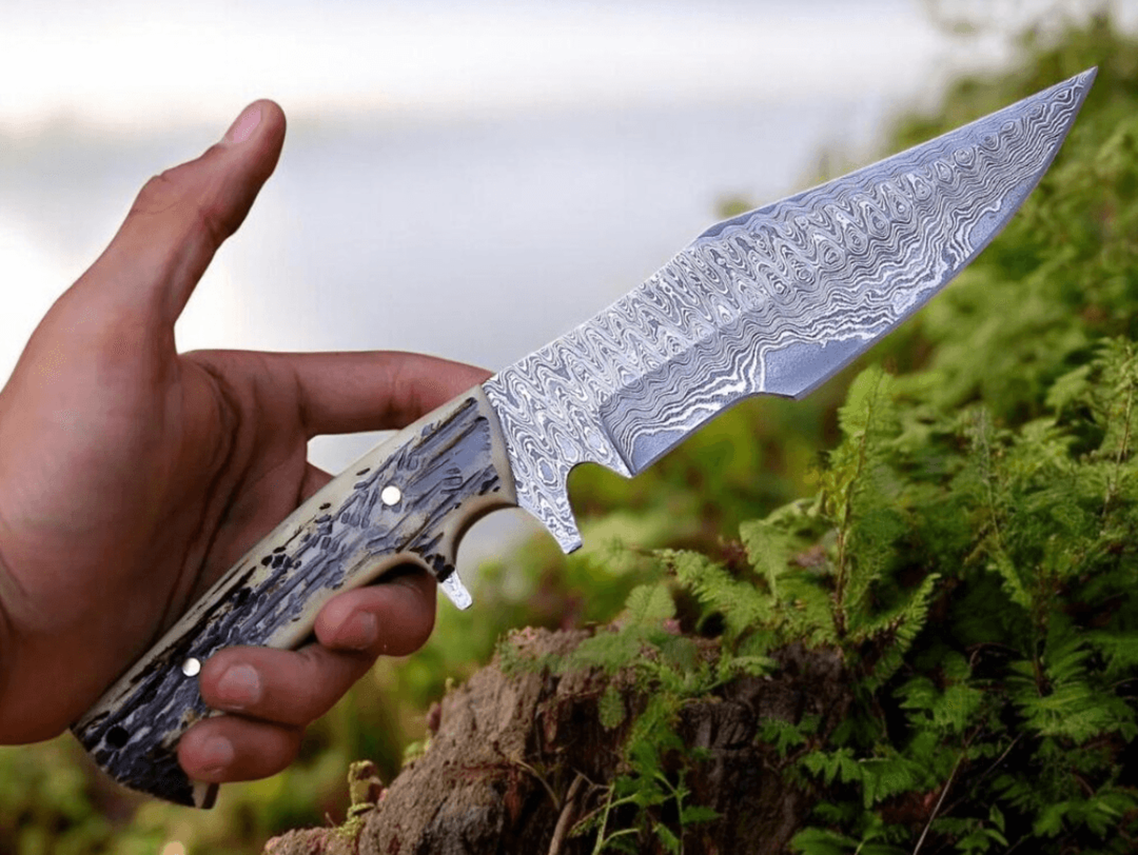 damascus steel hunting knife | stag horn handle | 7.5" outdoor blade + leather sheath | compact knife gift for husband