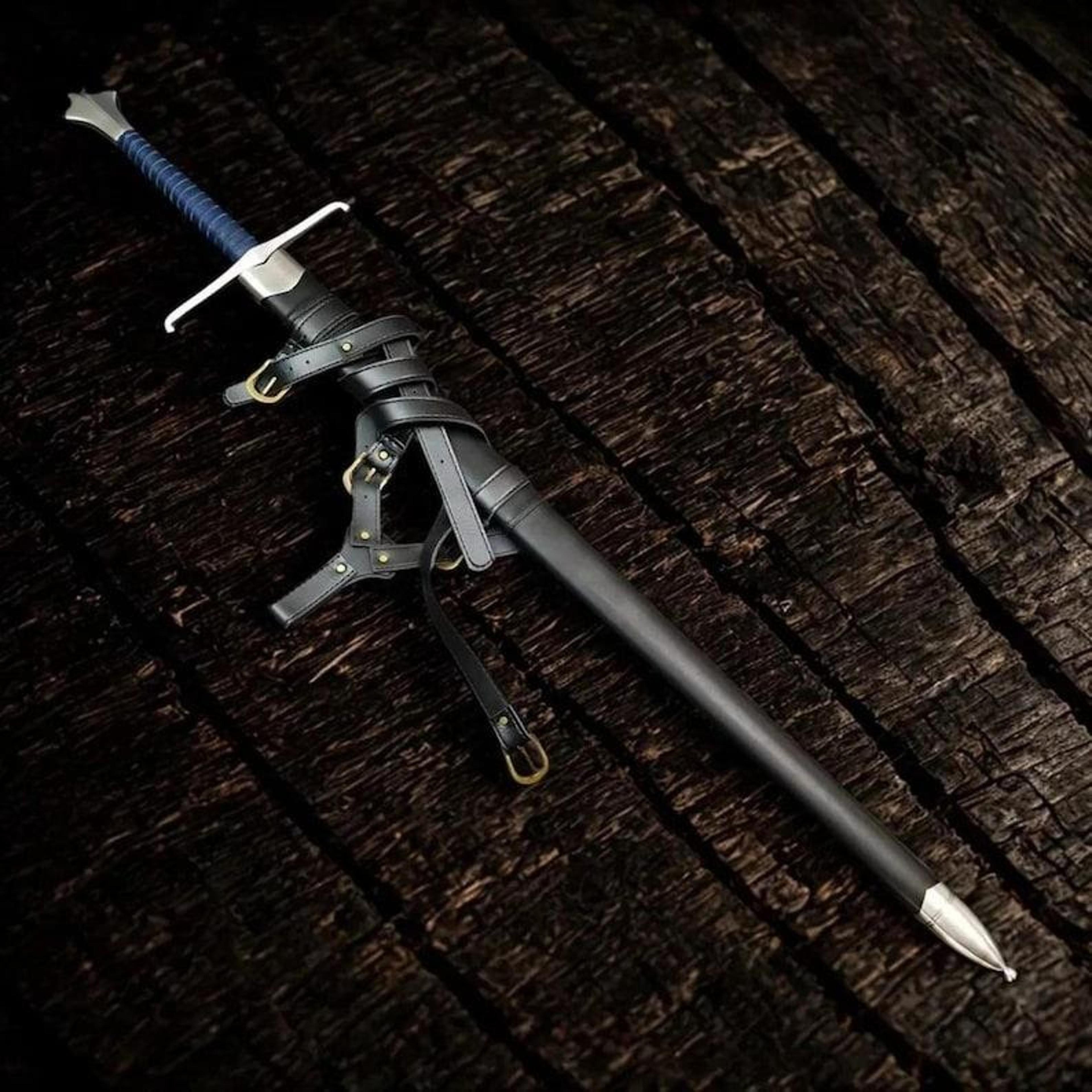 handcrafted medieval arming sword with high carbon steel blade, blue leather grip & premium scabbard for historical coll