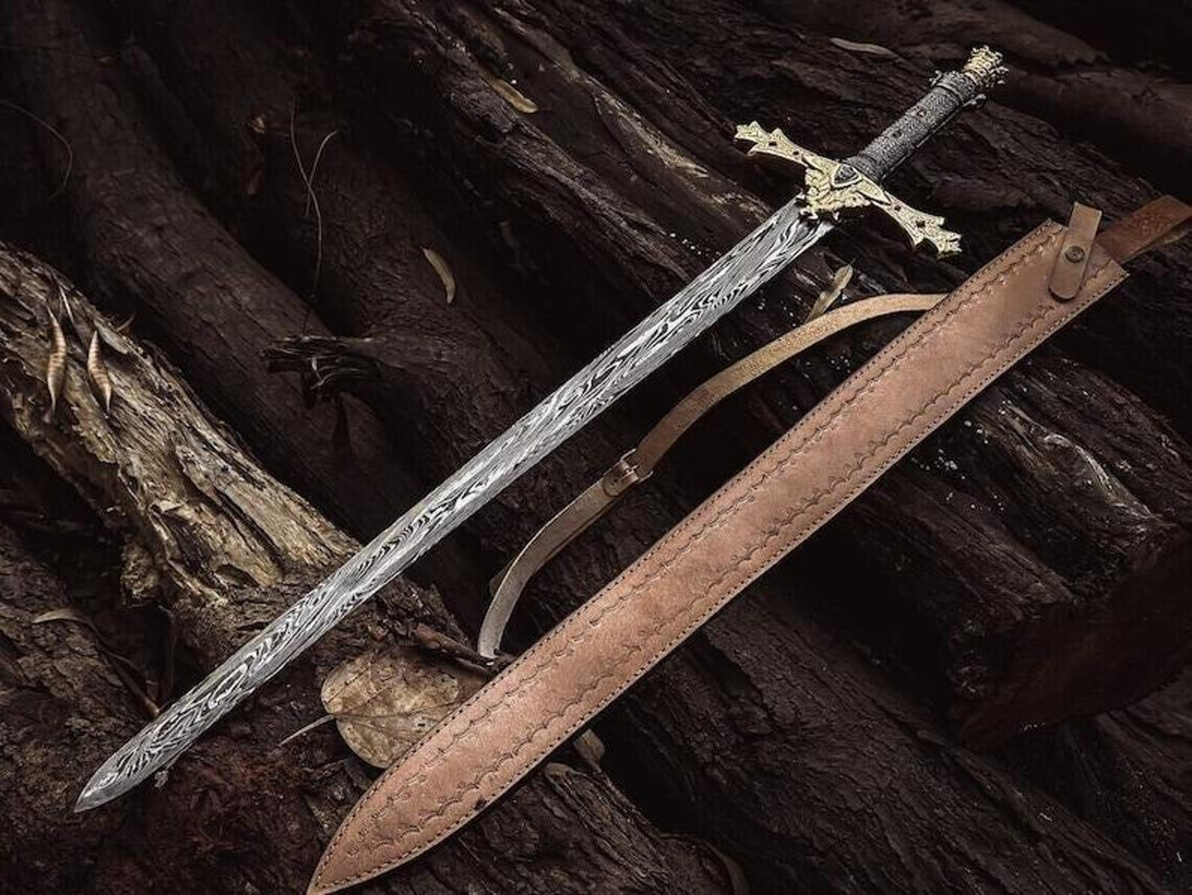 medieval damascus longsword with ornate crossguard & leather scabbard for collectors | historical replica sword