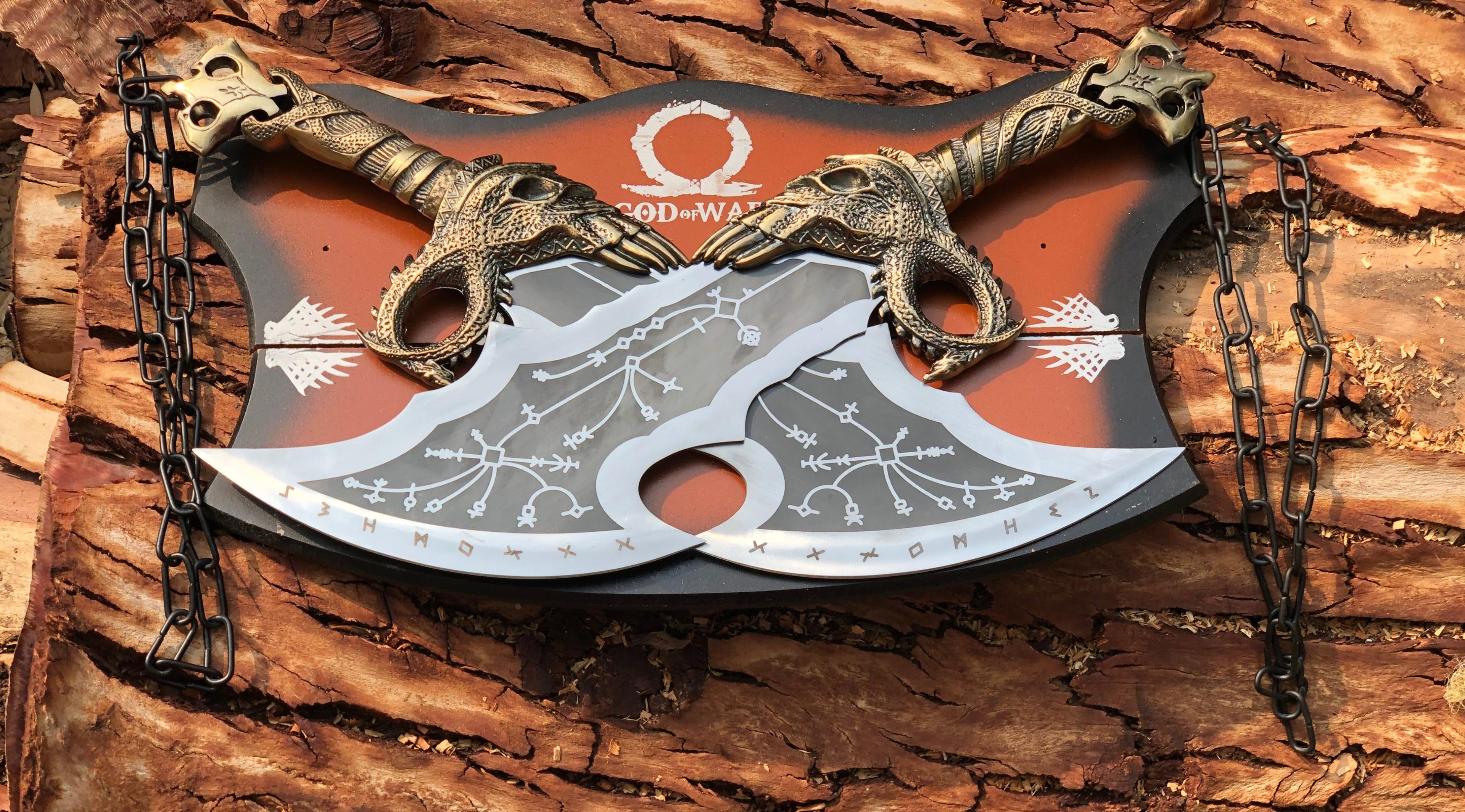 god of war chaos blades replica twin fantasy axe set with wall display plaque & chains