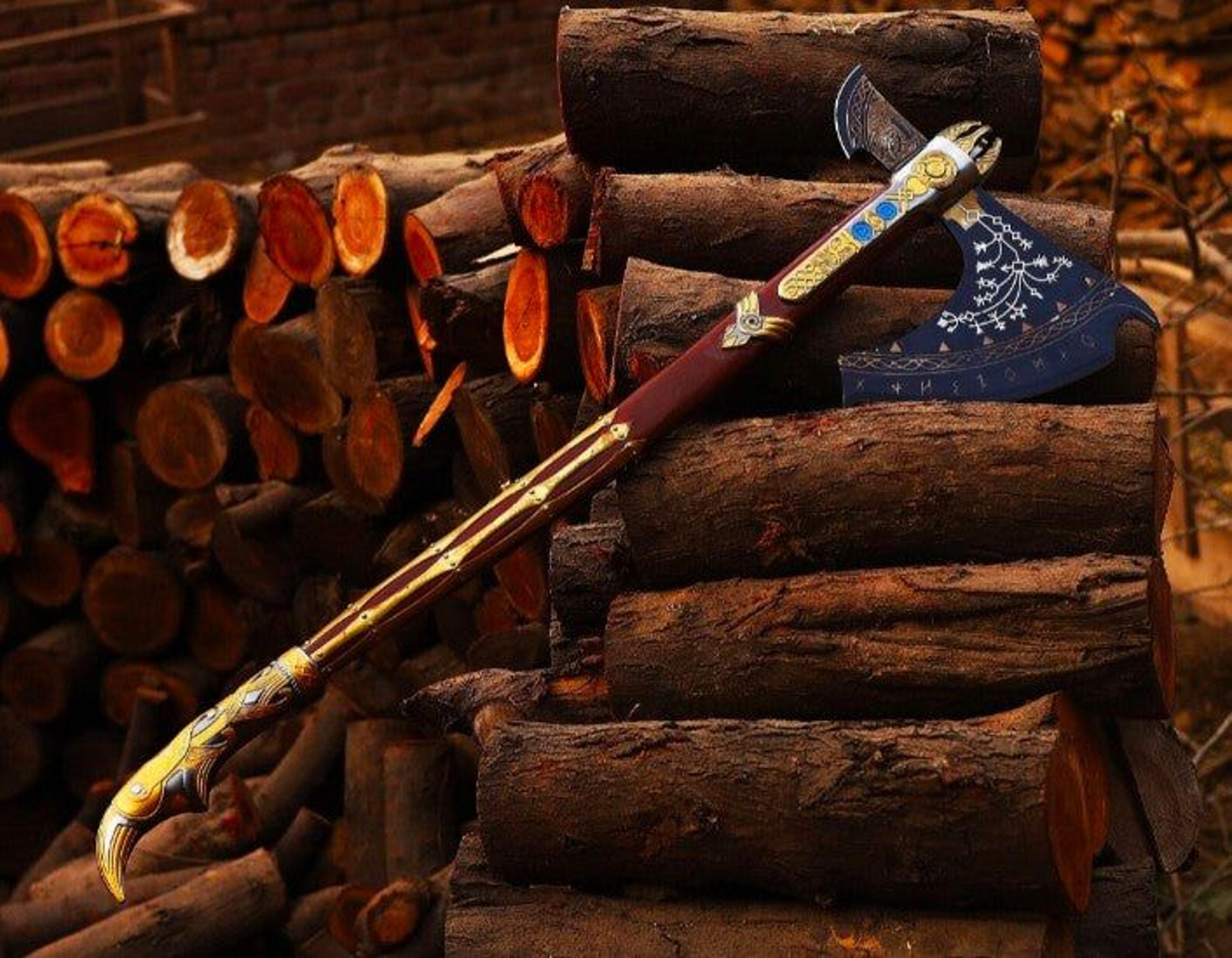 god of war leviathan axe replica – kratos norse battle axe with decorative wooden handle & display plaque
