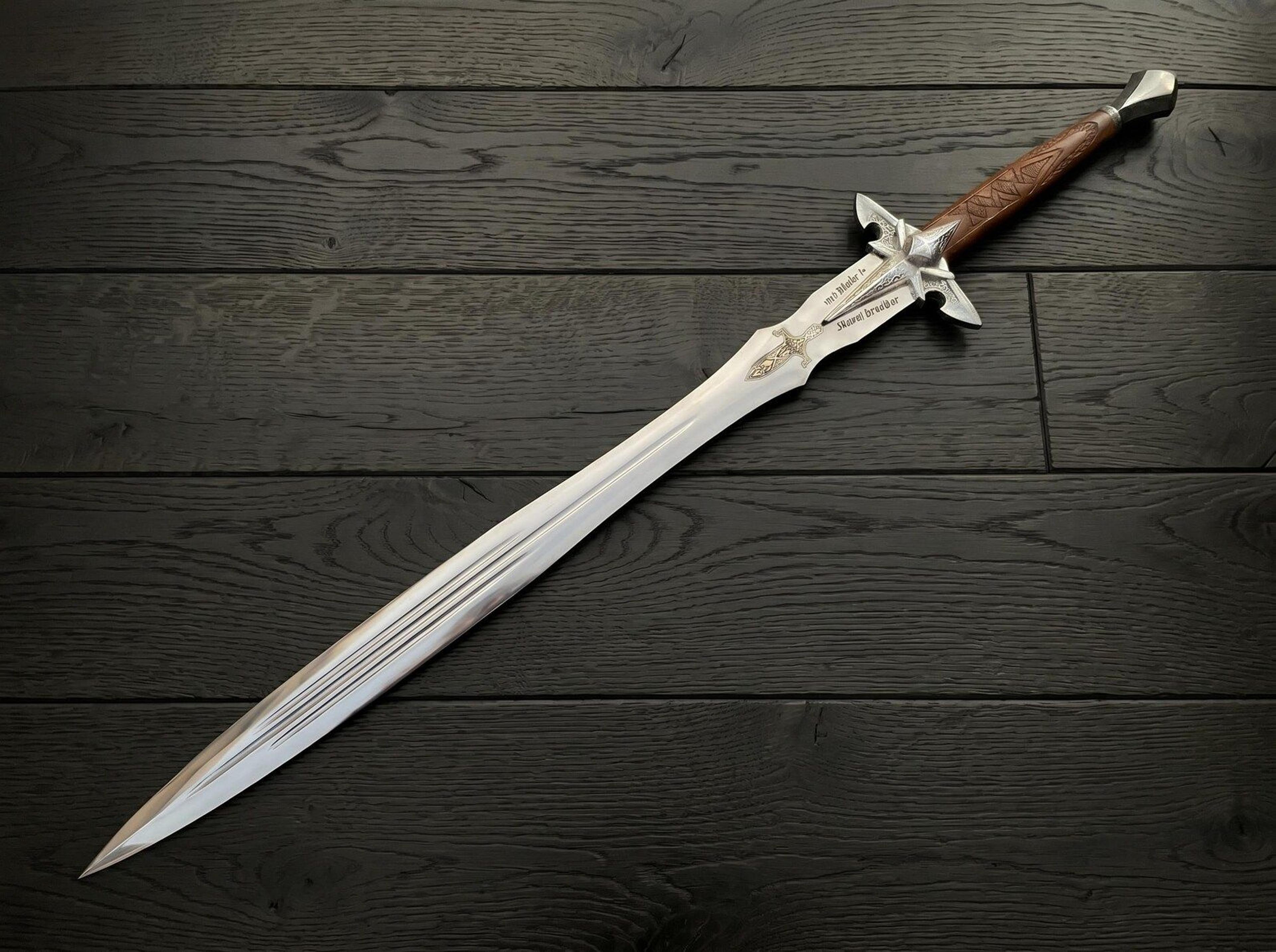 medieval crusader long sword with engraved stainless steel blade – collector display sword with leather scabbard