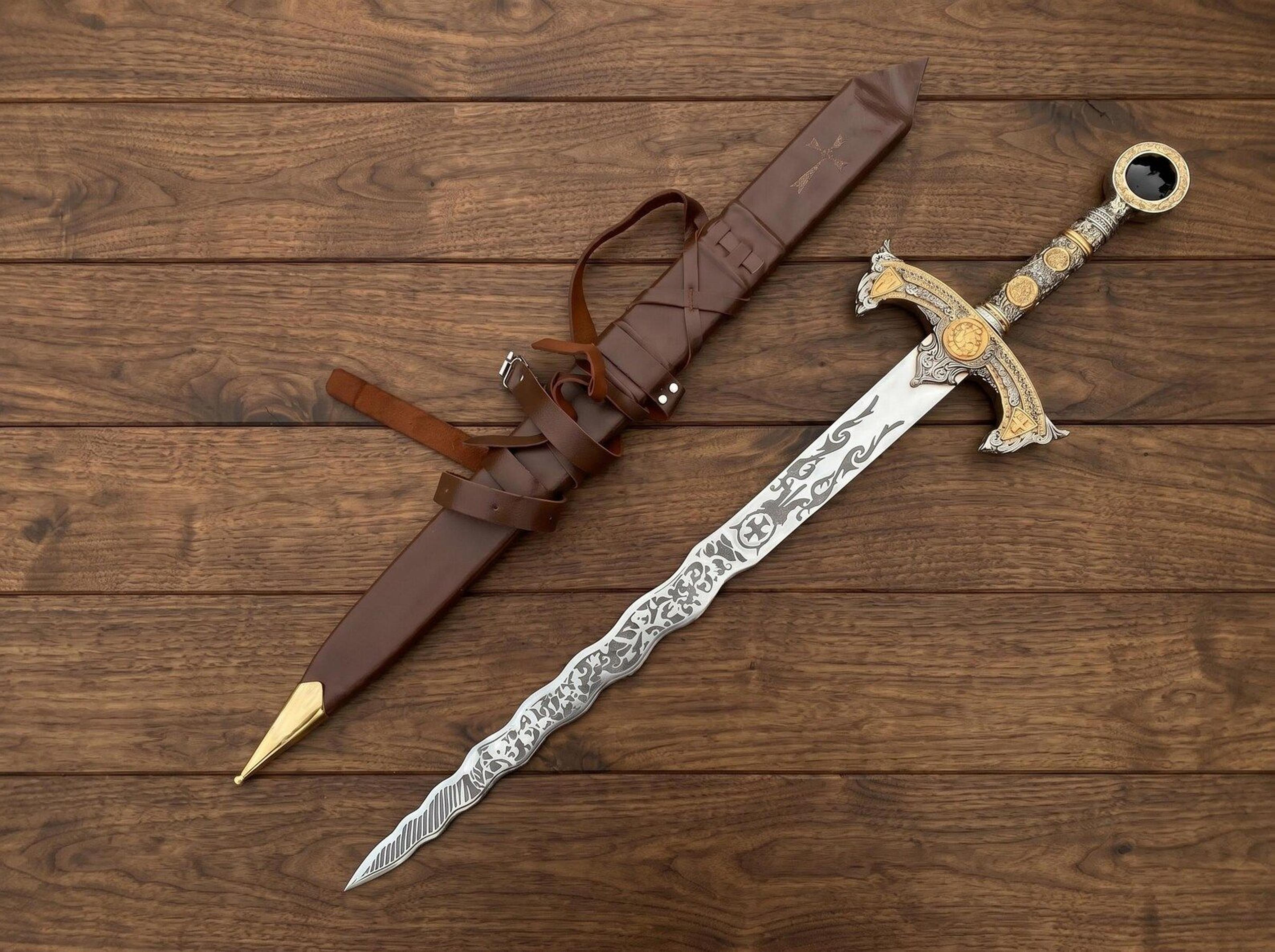 rune fantasy sword replica | ornate medieval long sword with engraved stainless steel blade & leather scabbard | collect