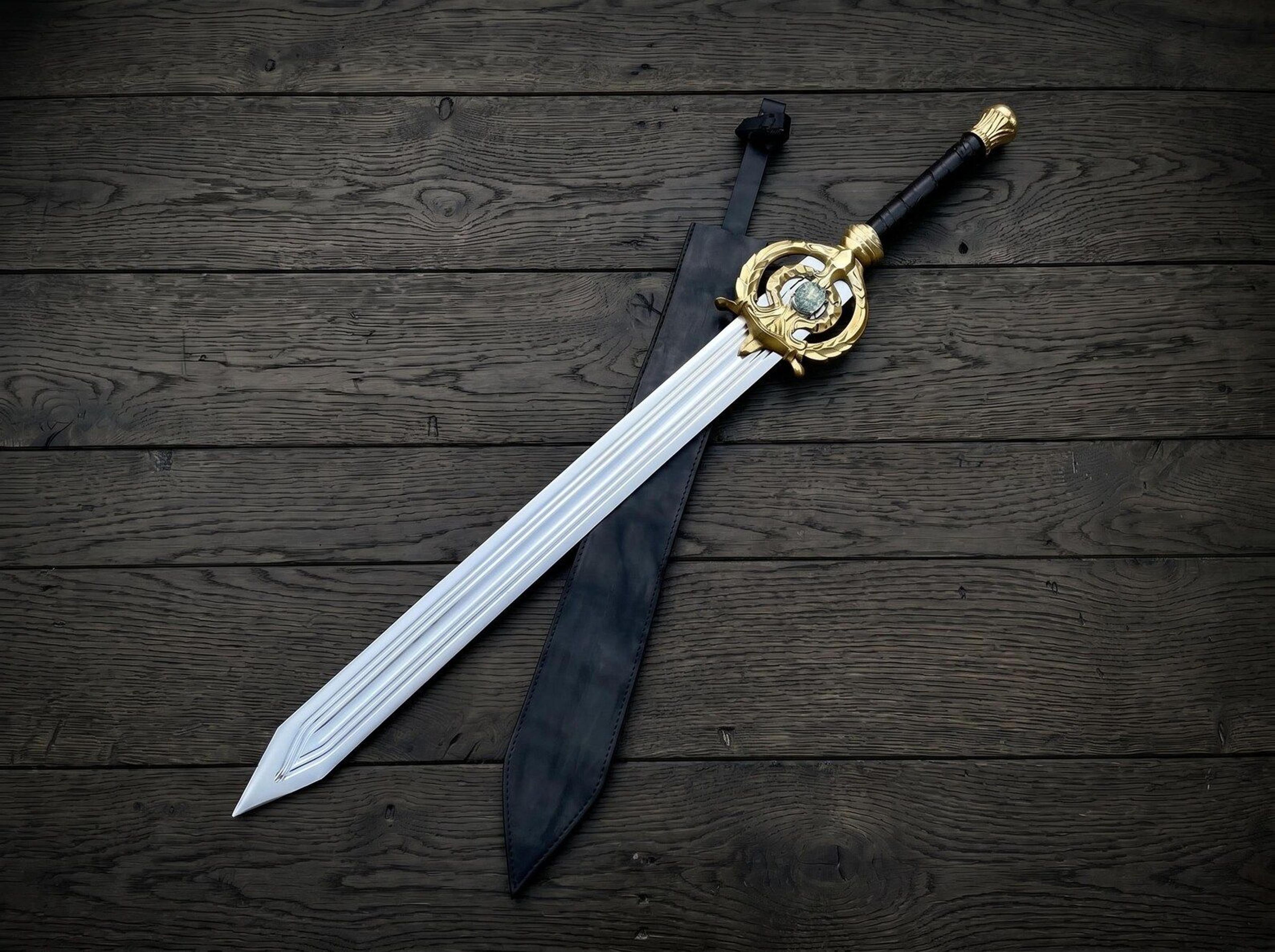 handmade fantasy great sword | 40 inch stainless steel replica sword with ornate gold hilt & leather scabbard | cosplay