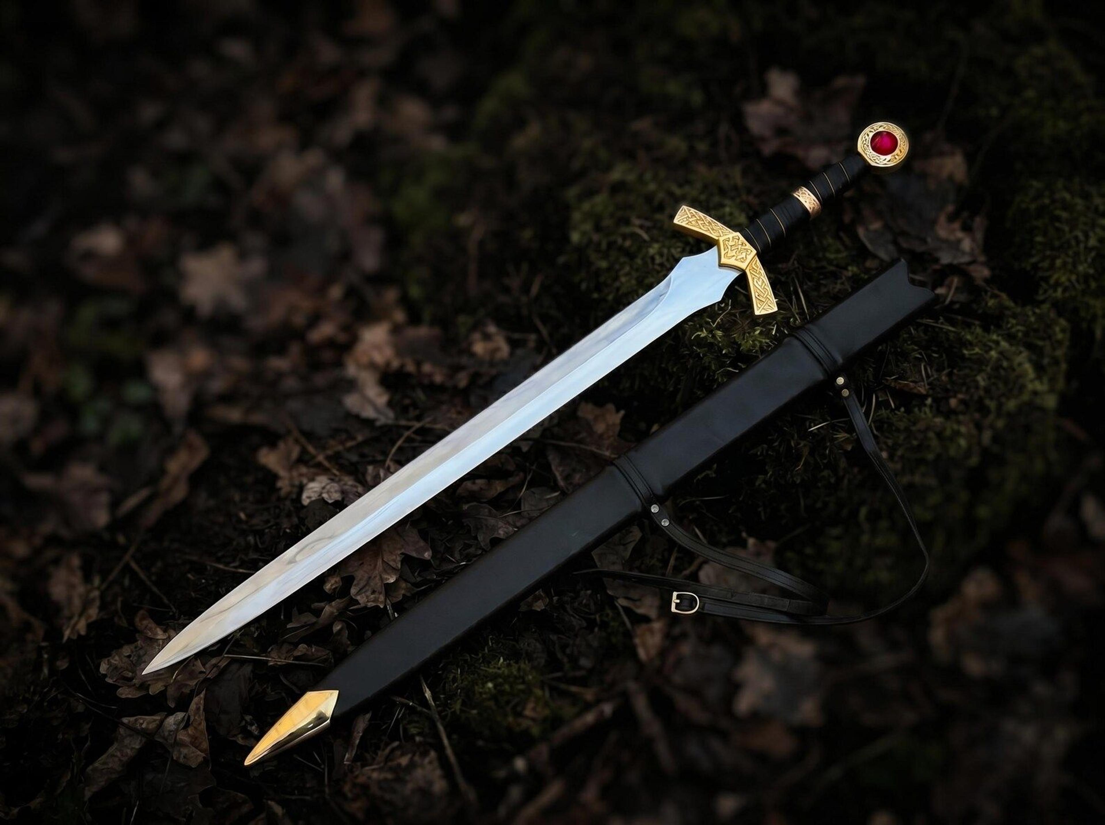 handmade fantasy long sword | 35 inch stainless steel replica sword with gold crossguard & leather scabbard | cosplay gi
