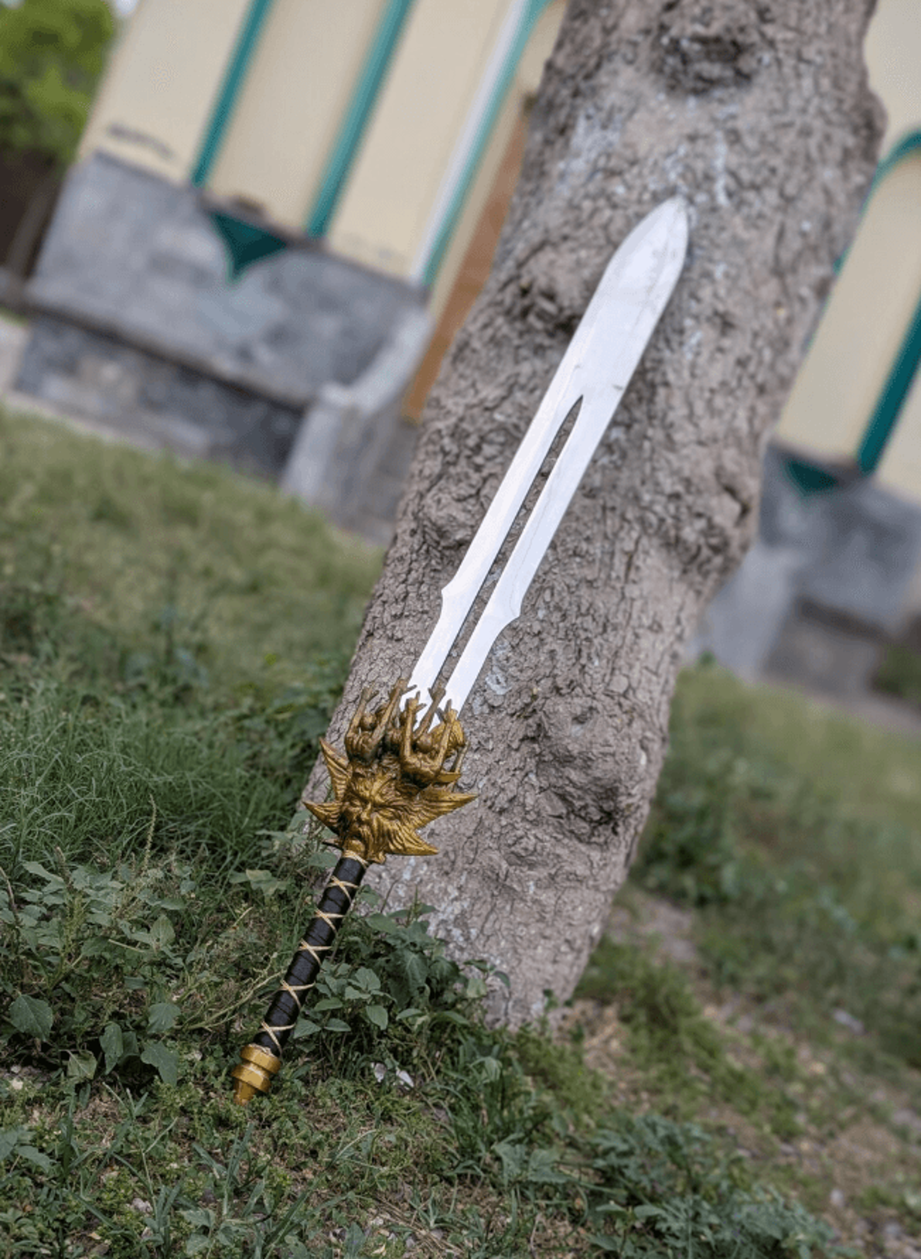 god of war blade of olympus sword replica with 42-inch steel blade, ornate handle & leather sheath