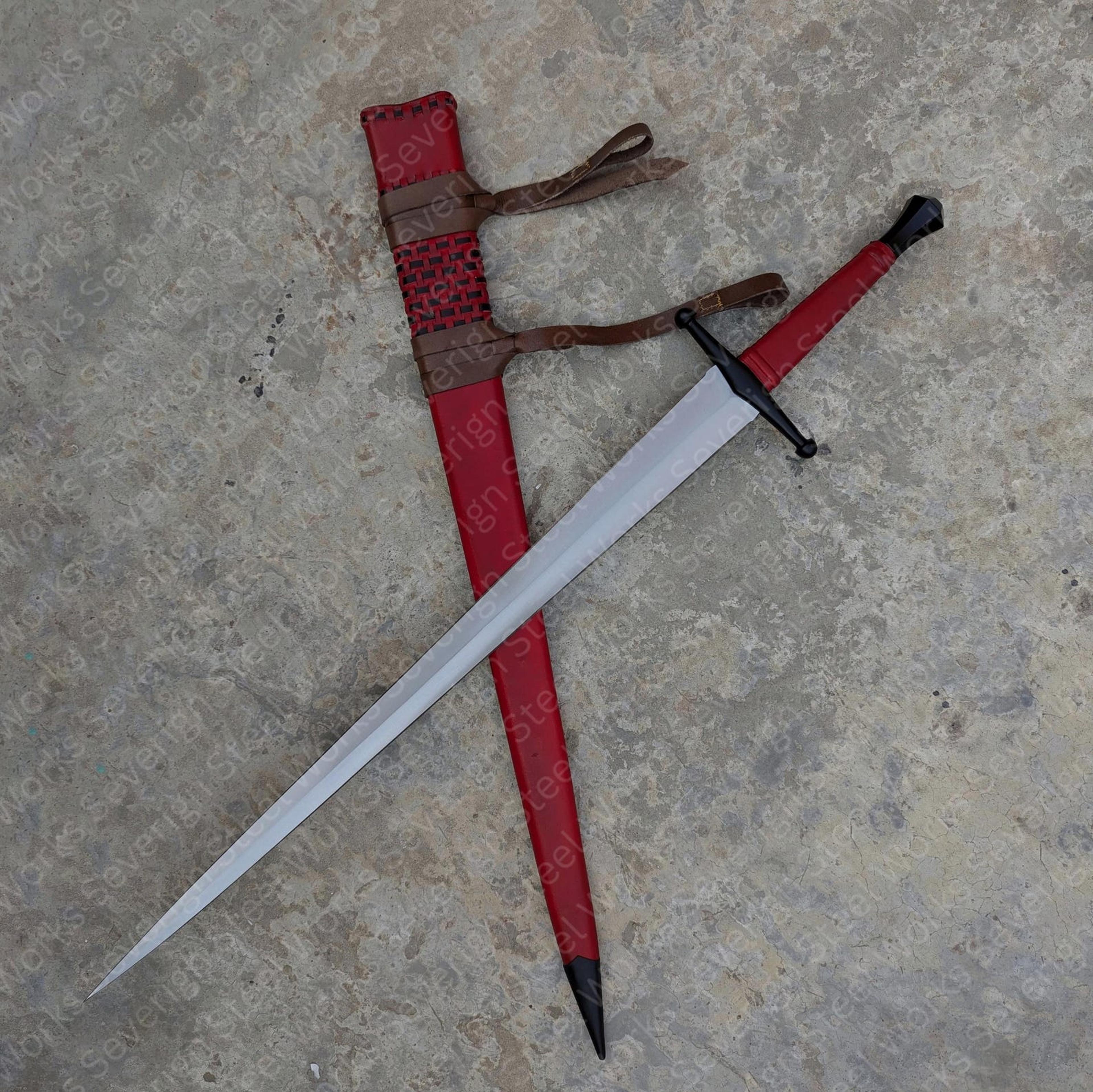 hand forged medieval knight longsword – high carbon steel blade with red scabbard & carrying straps
