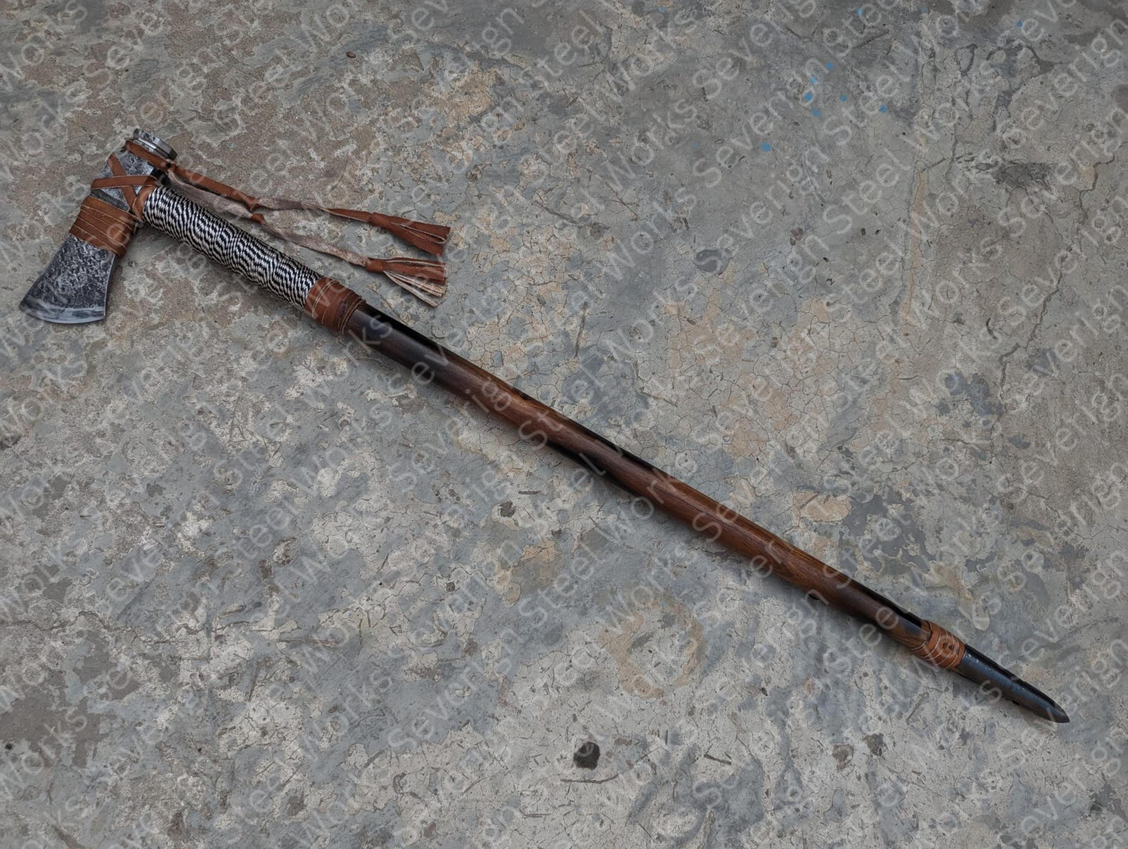 handmade viking tomahawk axe – rustic steel head with burned wood handle & leather wrap