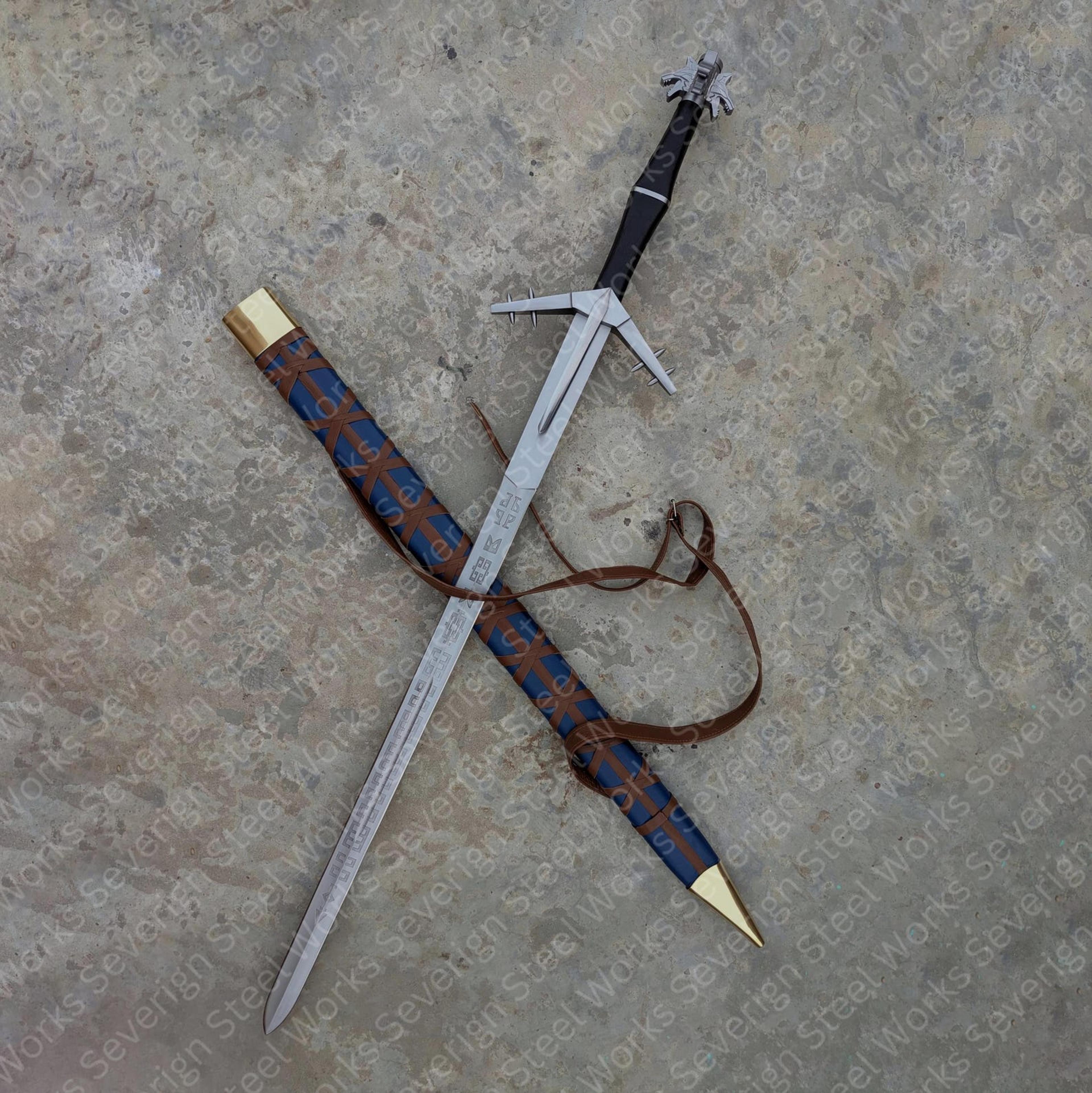 hand forged aerondight sword replica – lady of the lake inspired steel blade with blue leather scabbard