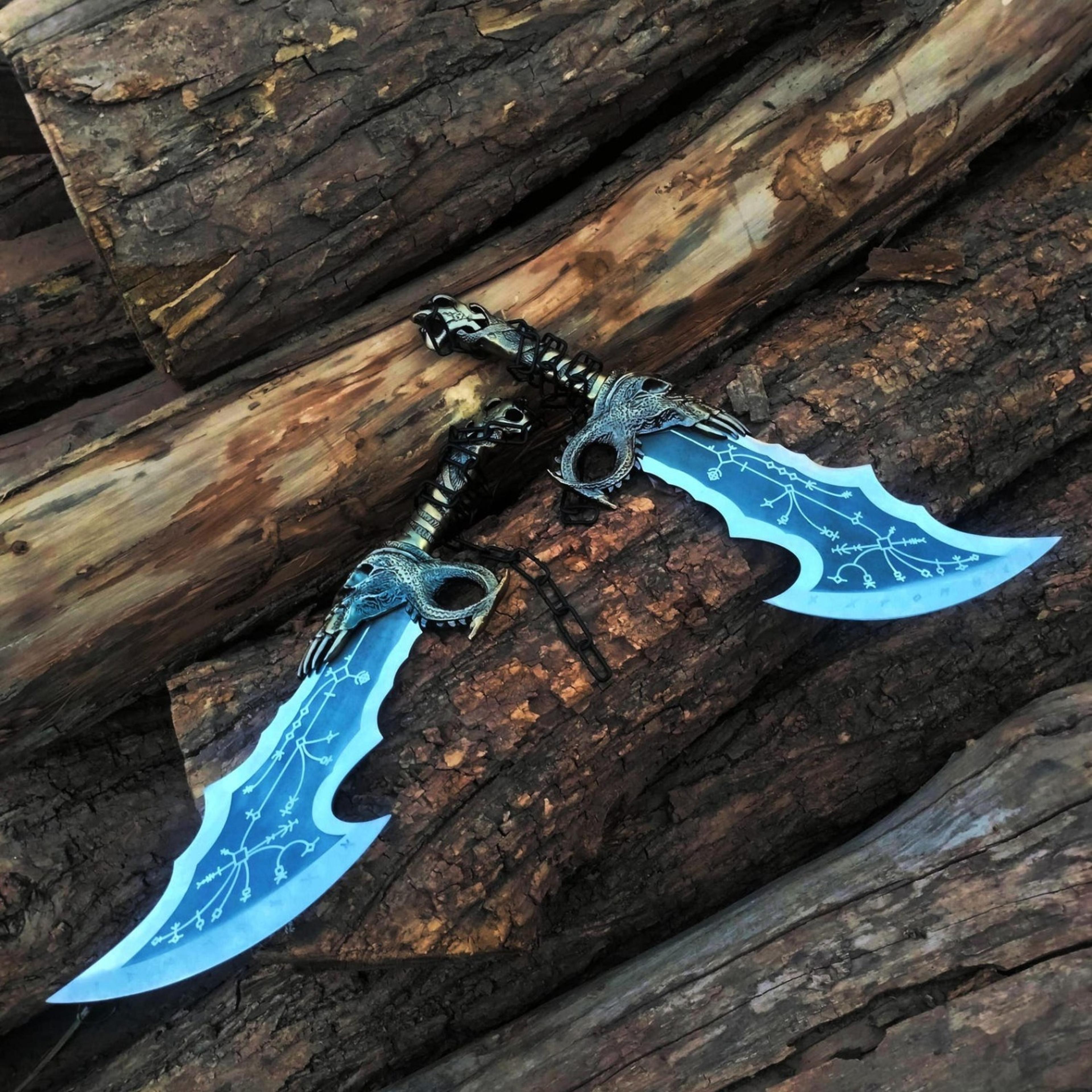 2-piece kratos inspired chaos blades display set – handmade fantasy chained replica with engraved blades