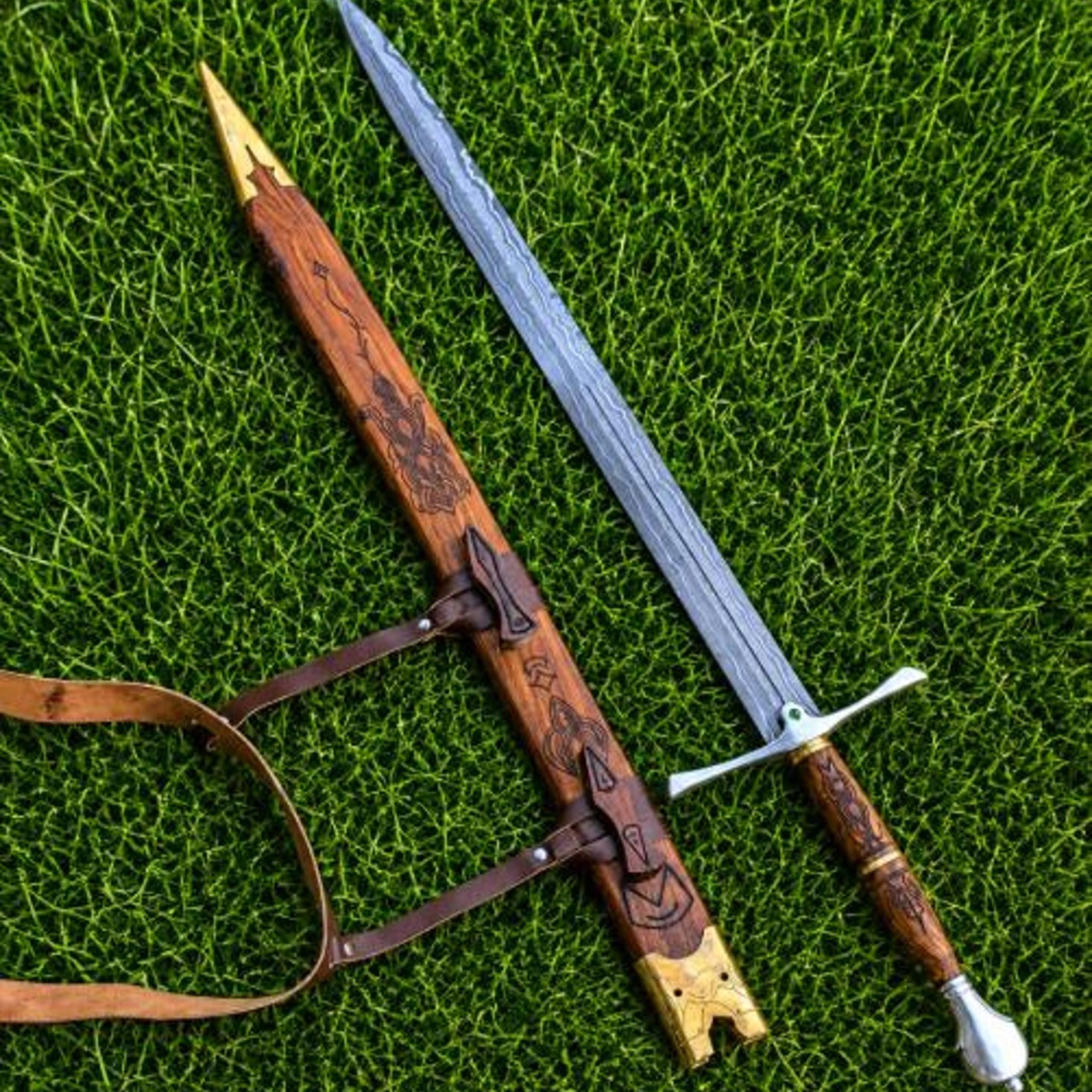 40in damascus heritage longsword with patterned steel blade, carved wood grip & engraved wooden scabbard