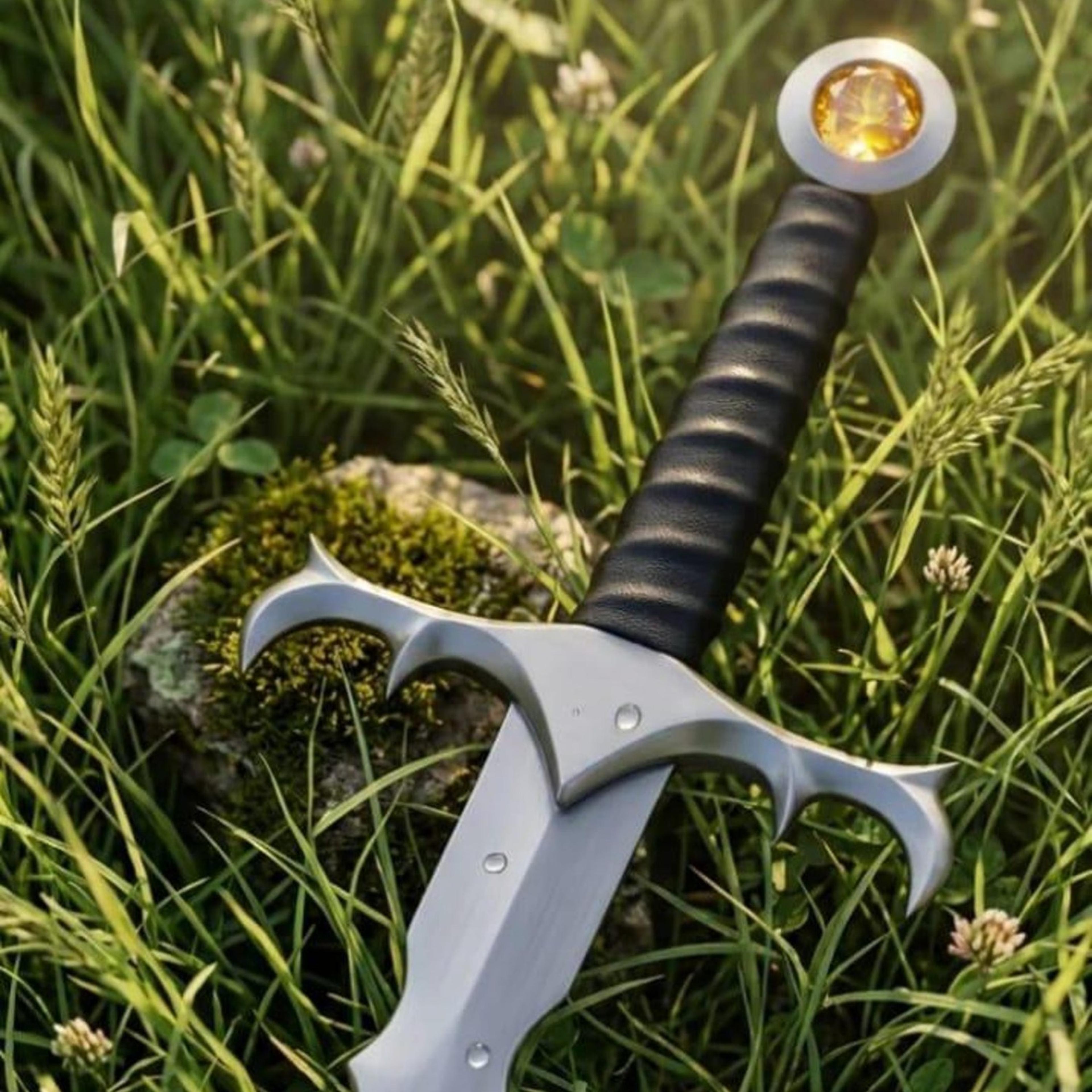 36in handmade flame-edge fantasy longsword with polished steel blade, black grip & amber gem pommel