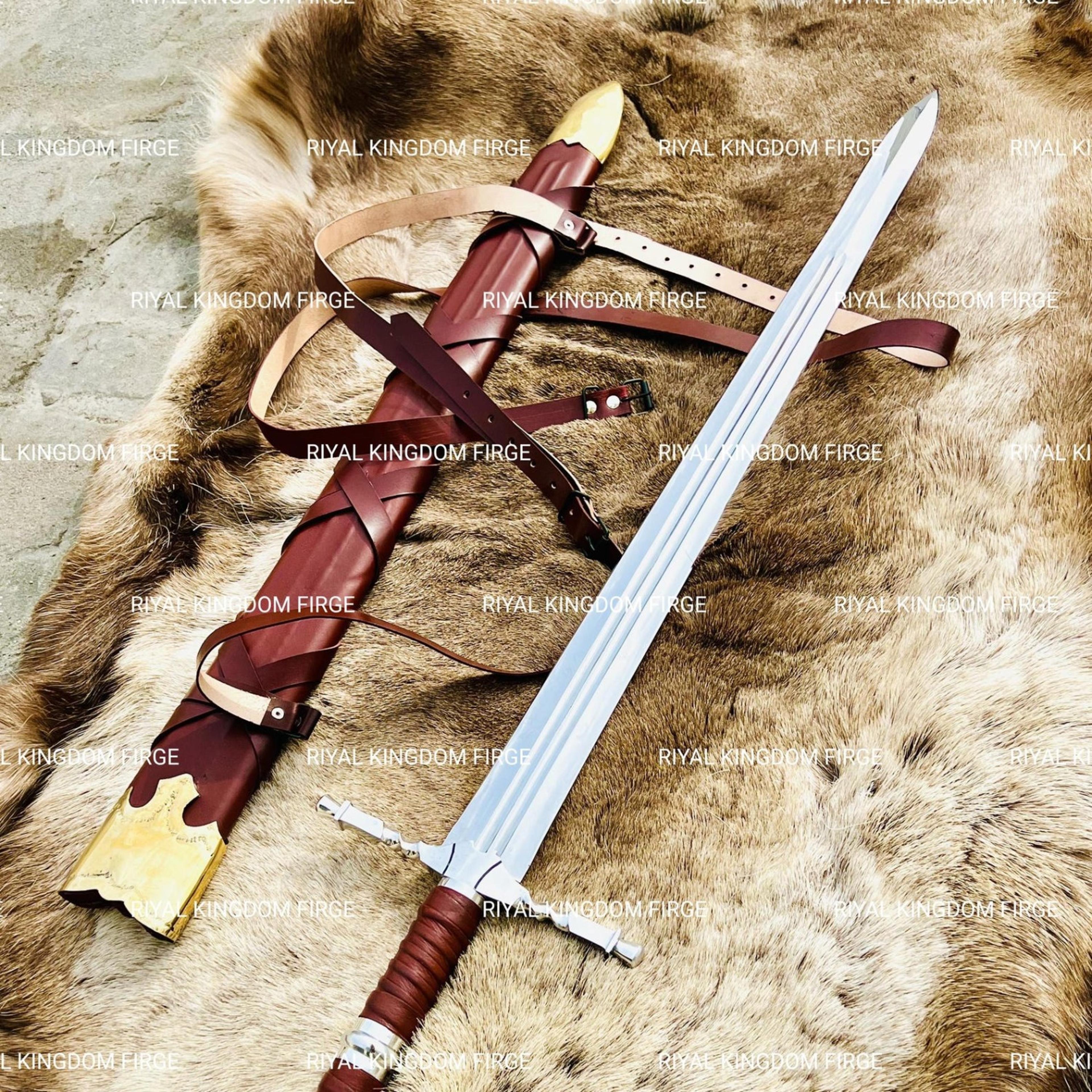 hand forged ranger longsword – handmade fullered steel blade with brown leather scabbard & custom medieval gift