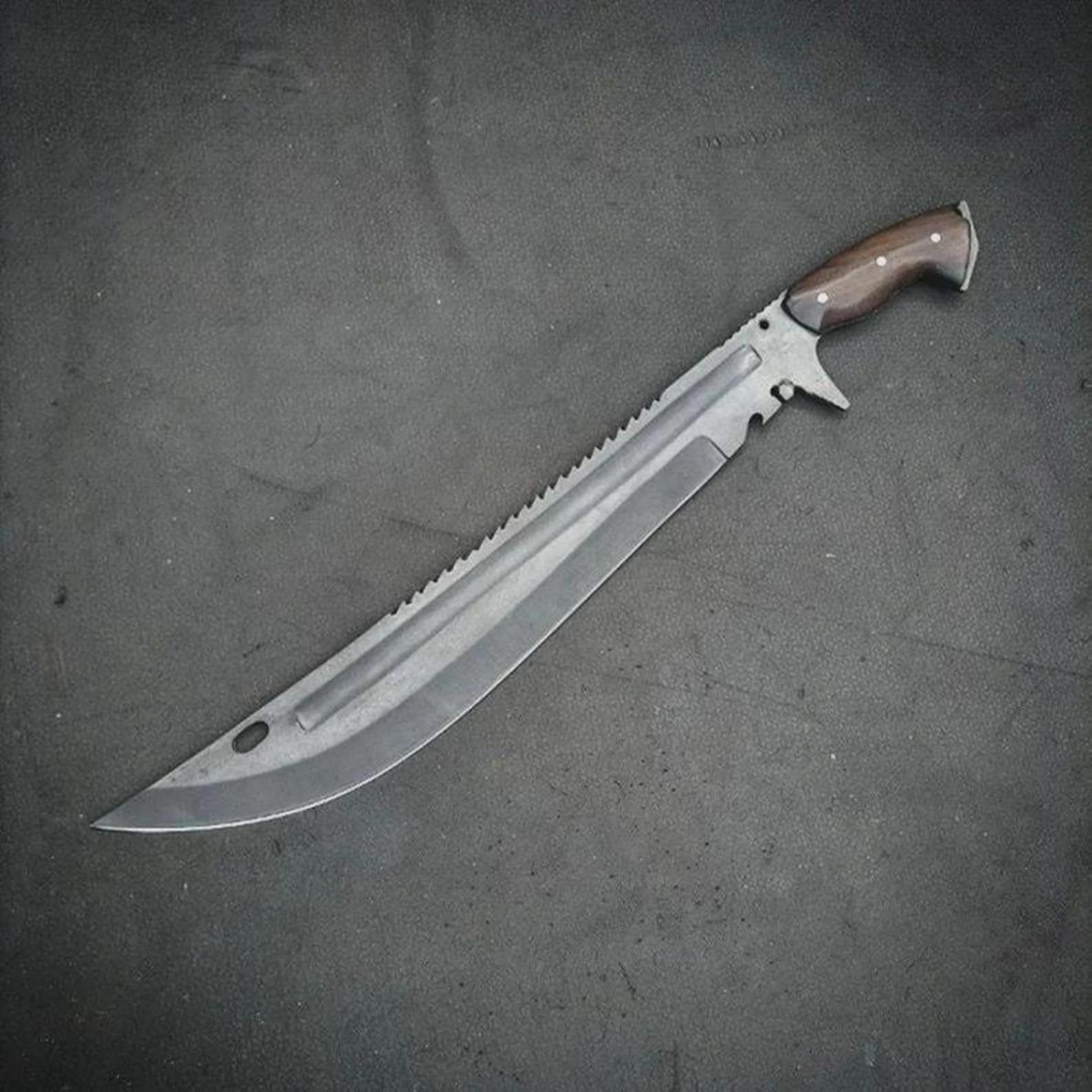 handmade survival machete knife – hand forged full tang sawback blade, custom outdoor bushcraft gift with wood handle