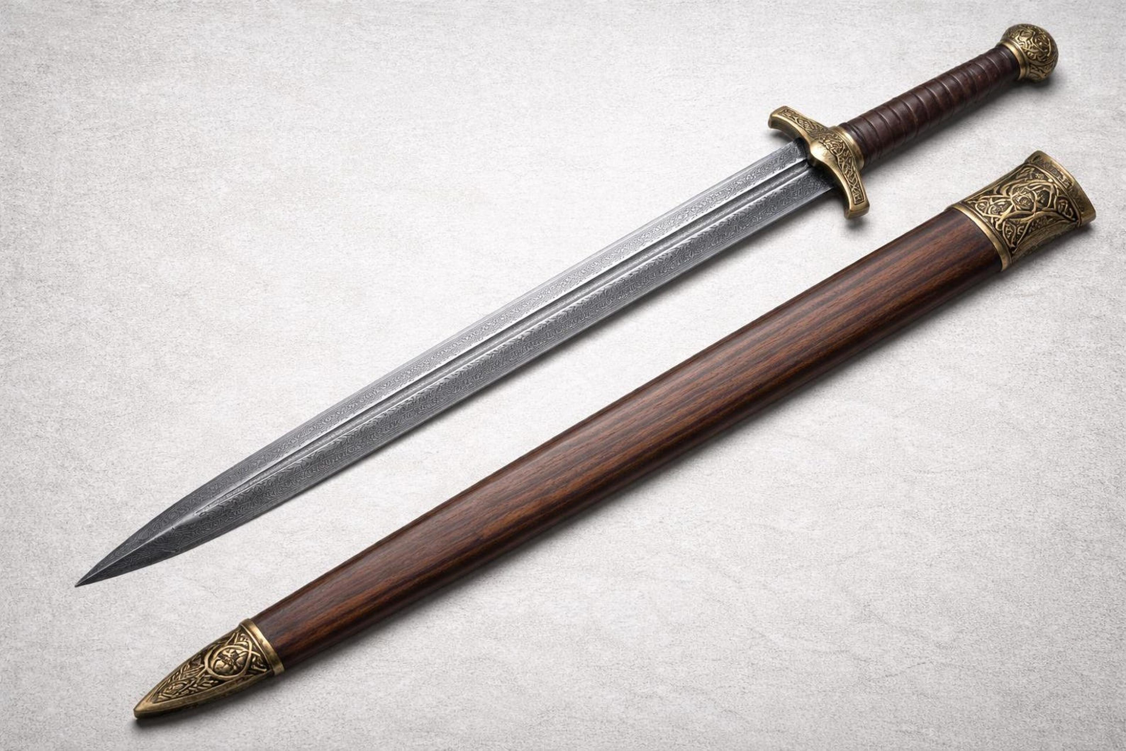 32in damascus knight sword with patterned steel blade, leather grip & walnut wood scabbard