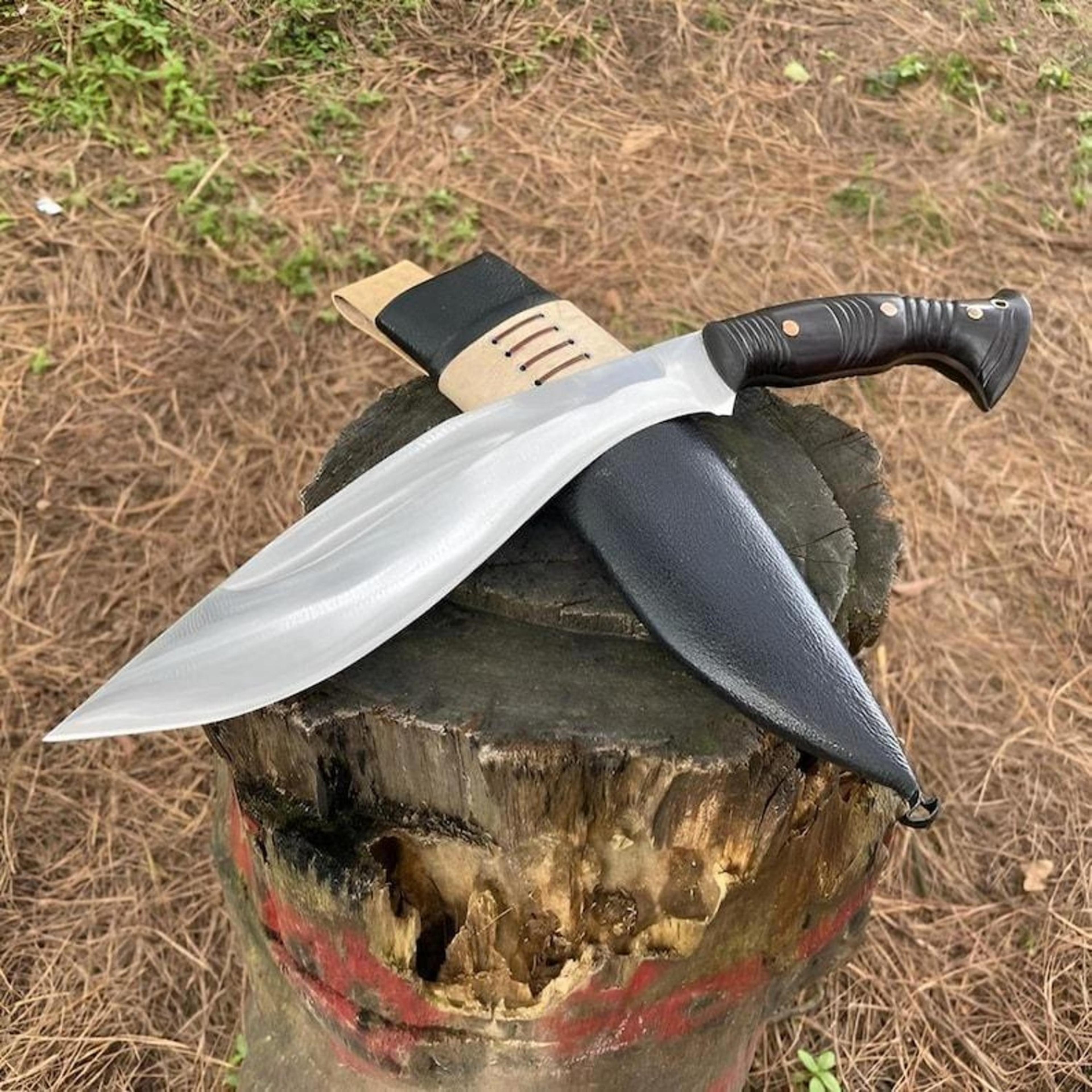 18in full-tang kukri chopper with polished steel blade, black wood handle & black leather sheath