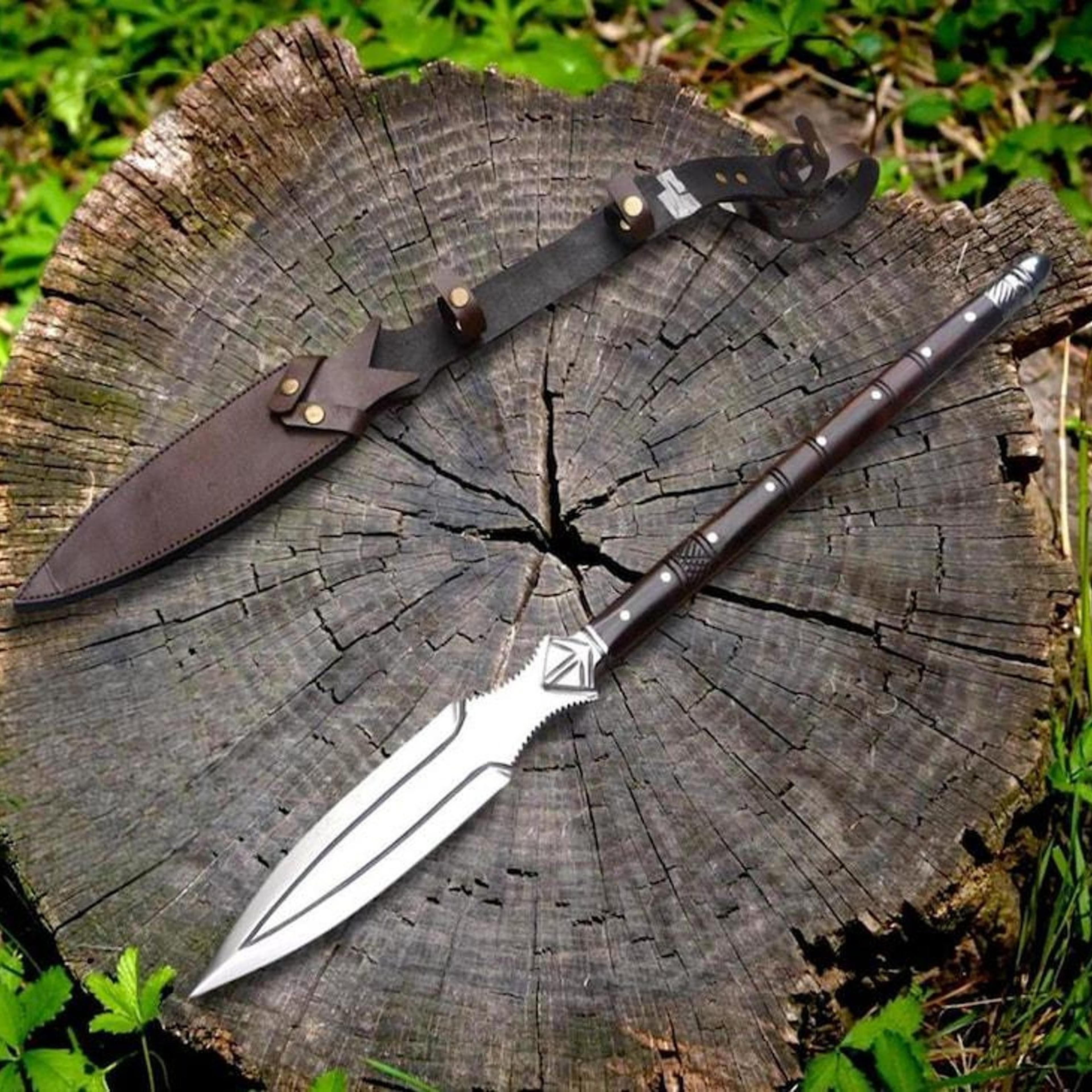 34in viking leaf spear with broad steel head, carved wood shaft & brown leather sheath