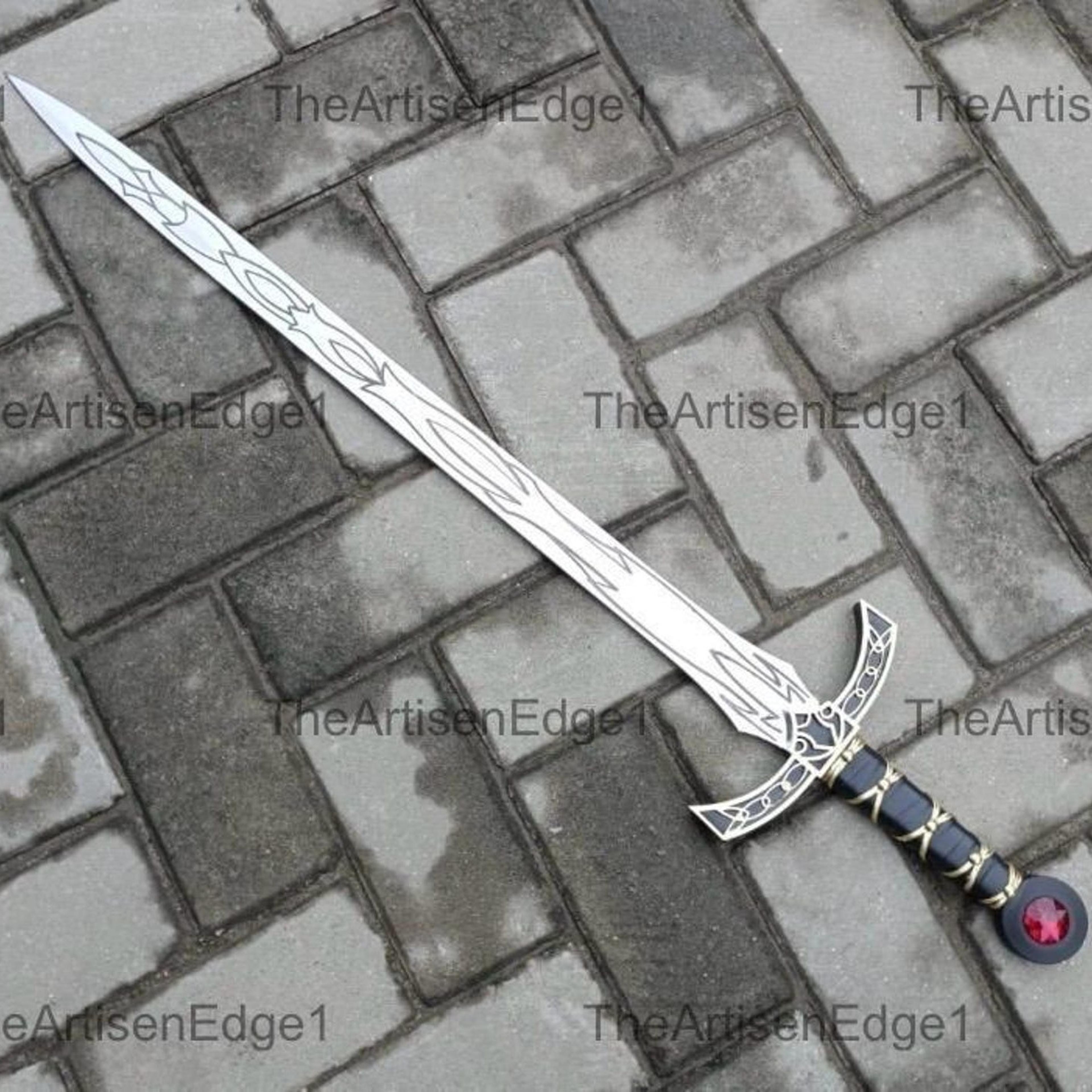 34.5in kilgorin ii sword of darkness replica with engraved steel blade, ruby pommel & silver fantasy guard