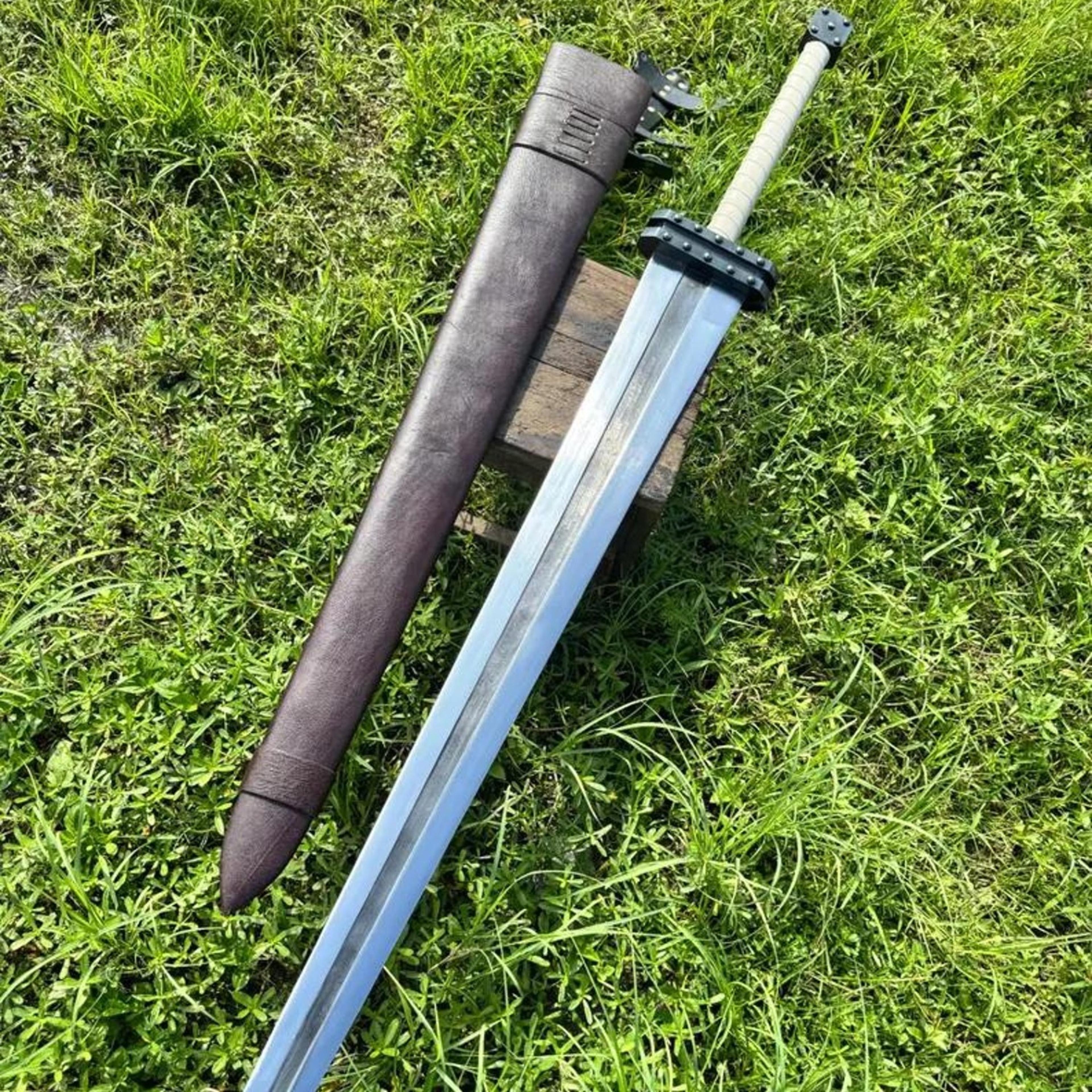48in medieval greatsword with wide fuller steel blade, white wrapped grip & brown leather scabbard