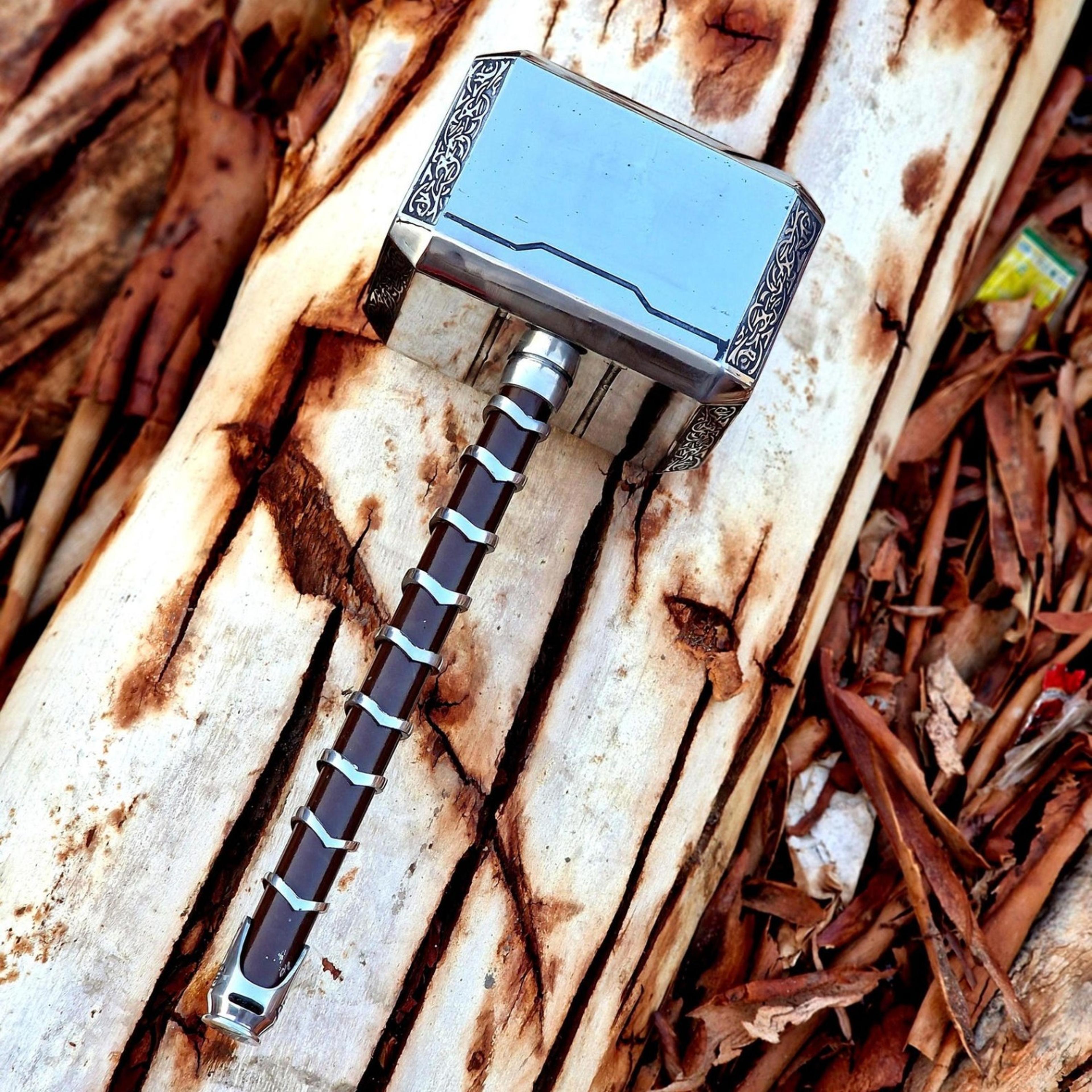 18in norse thunder hammer with polished steel head, leather-wrapped handle & engraved border
