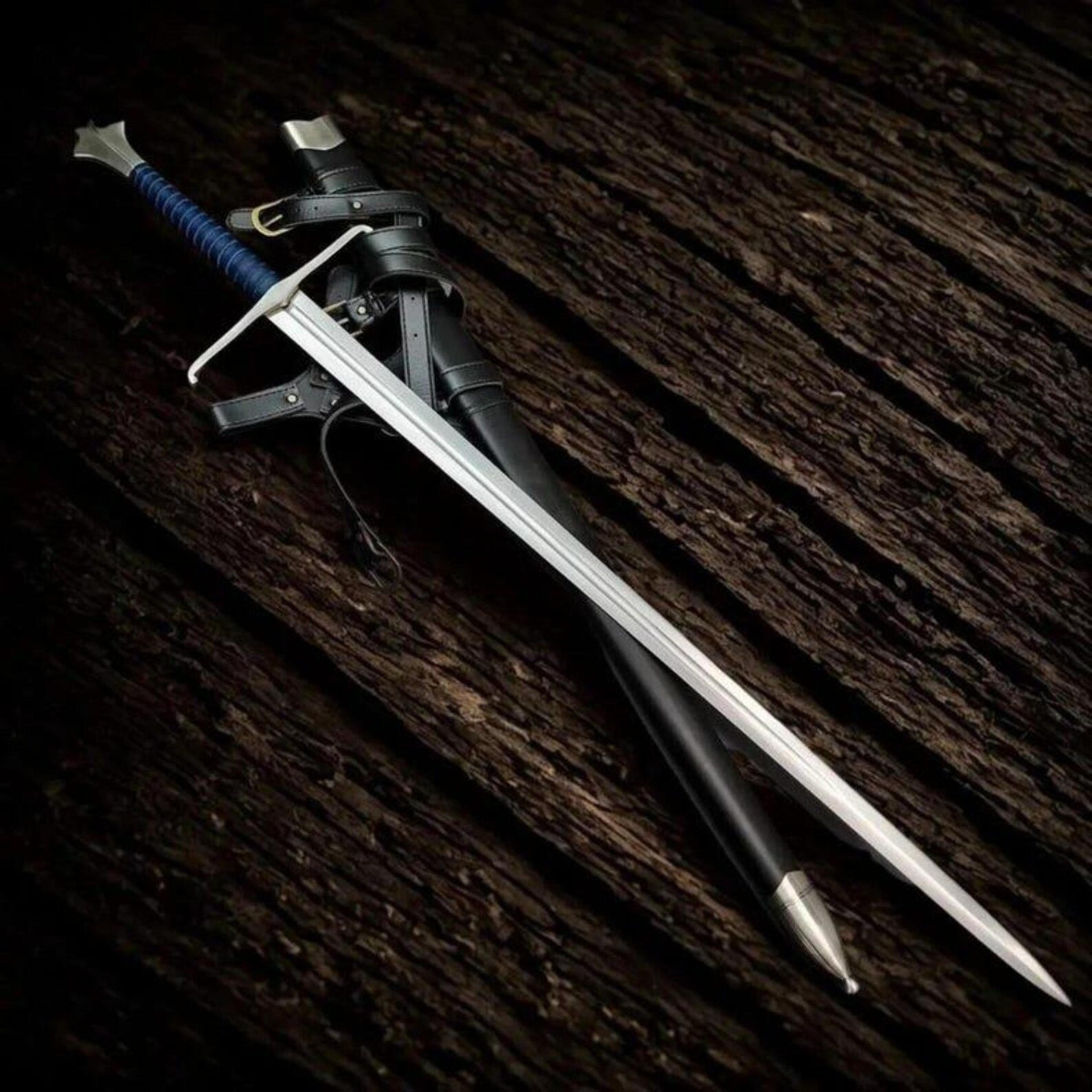 handmade blue grip knight longsword with polished steel blade, silver crossguard & black leather scabbard